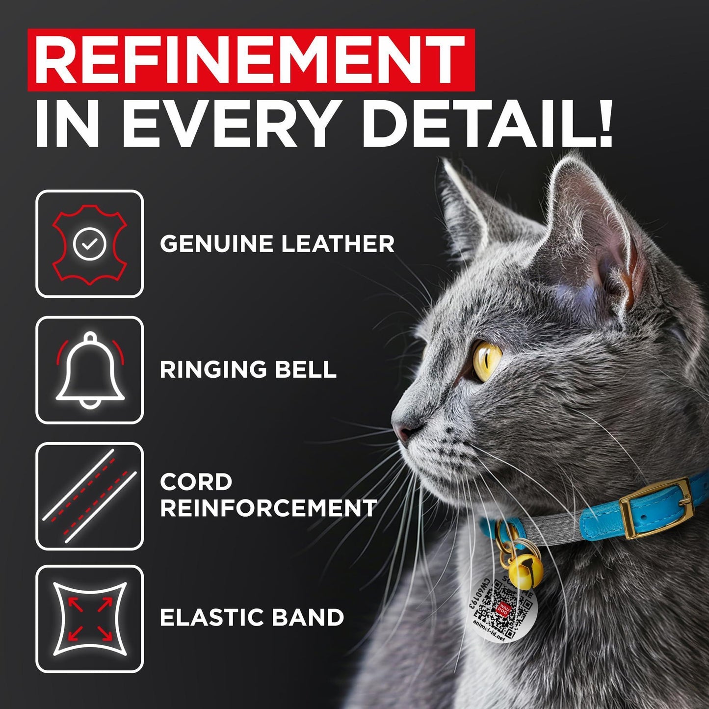 WAUDOG Ultra Soft Rolled Leather Cat Collar with Removable Bell Safety Elastic Strap and QR ID Tag. Blue. (SMALL) For Pet With Love