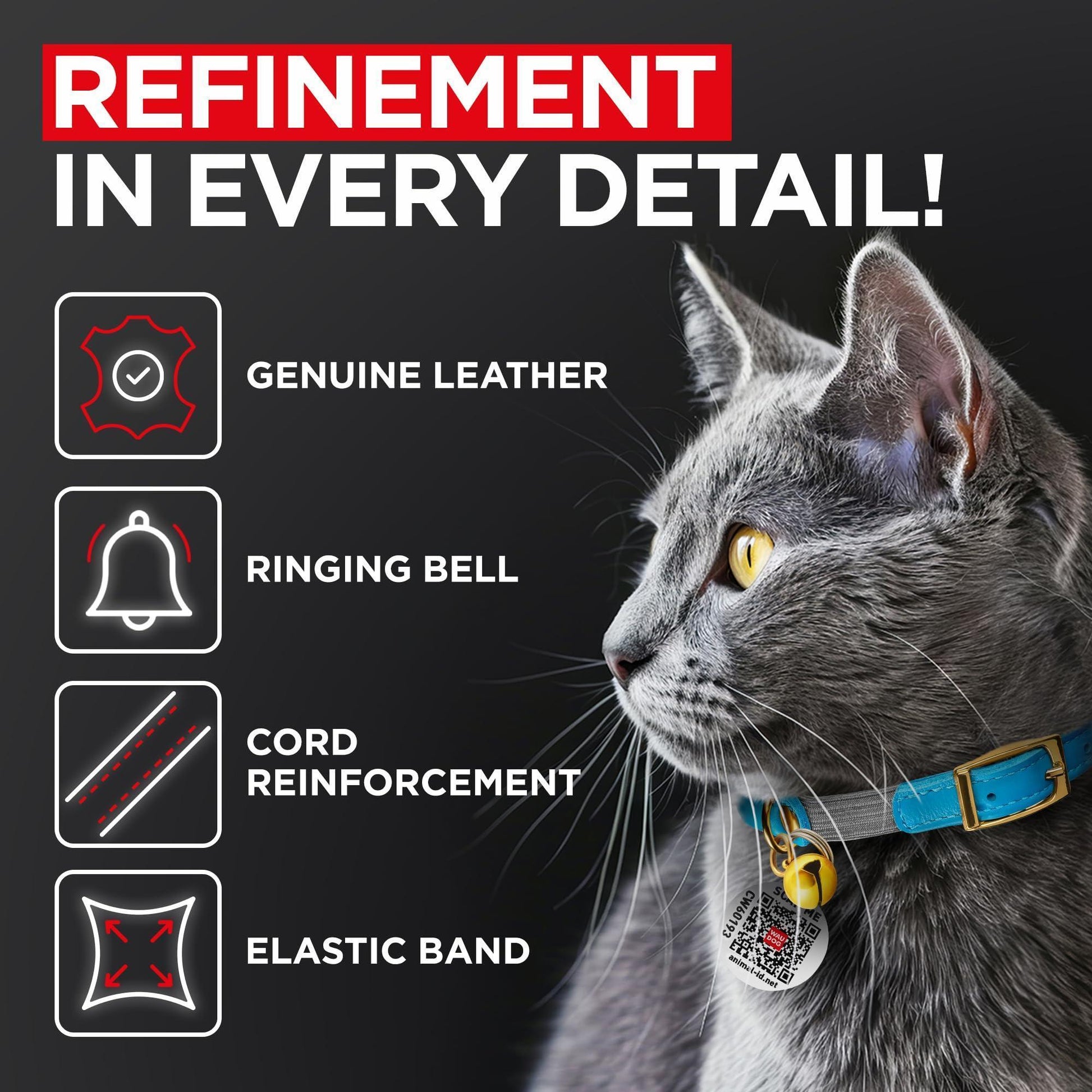 WAUDOG Ultra Soft Rolled Leather Cat Collar with Removable Bell Safety Elastic Strap and QR ID Tag. Blue. (SMALL) For Pet With Love