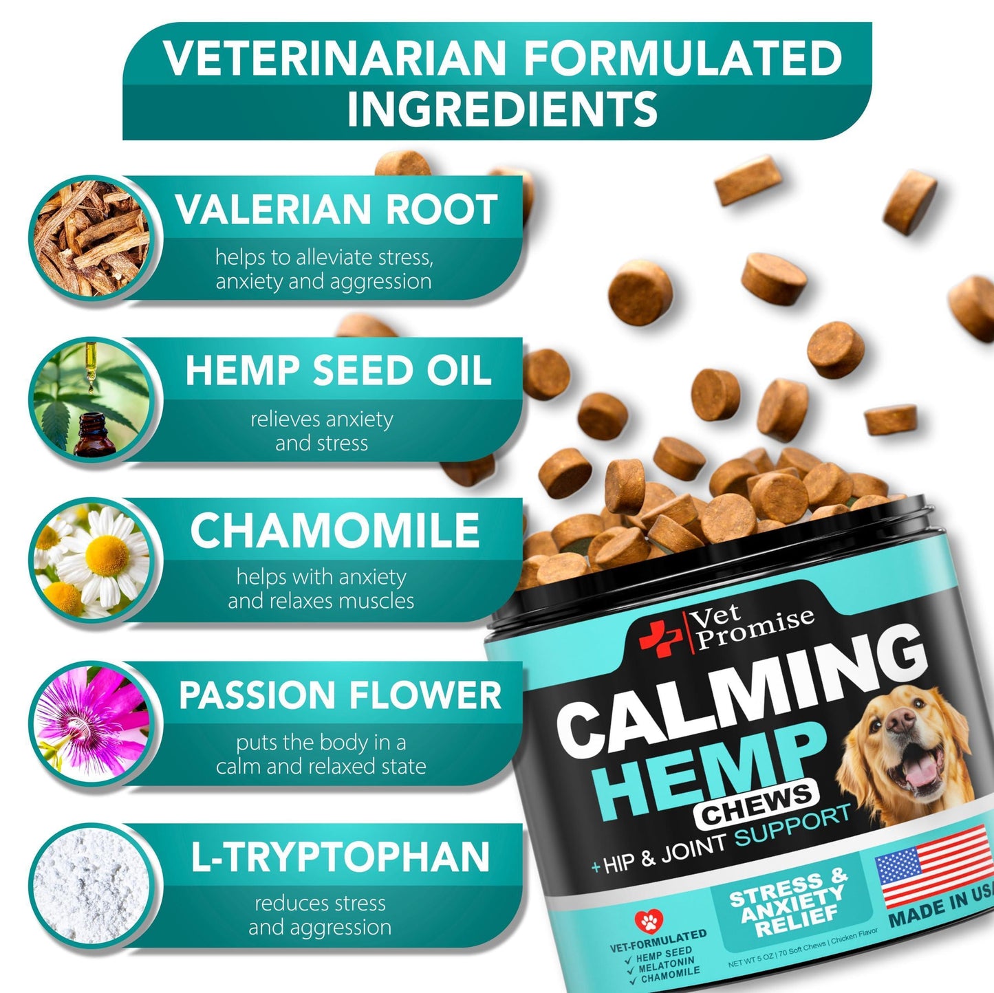 Vet Promise Advanced Calming Hemp Anxiety Relief Chews for Dogs with Melatonin. Stress & Separation Anxiety, Sleep Aid, Hip and Joint Supplement Support.  Made in USA (70 Treats) For Pet With Love