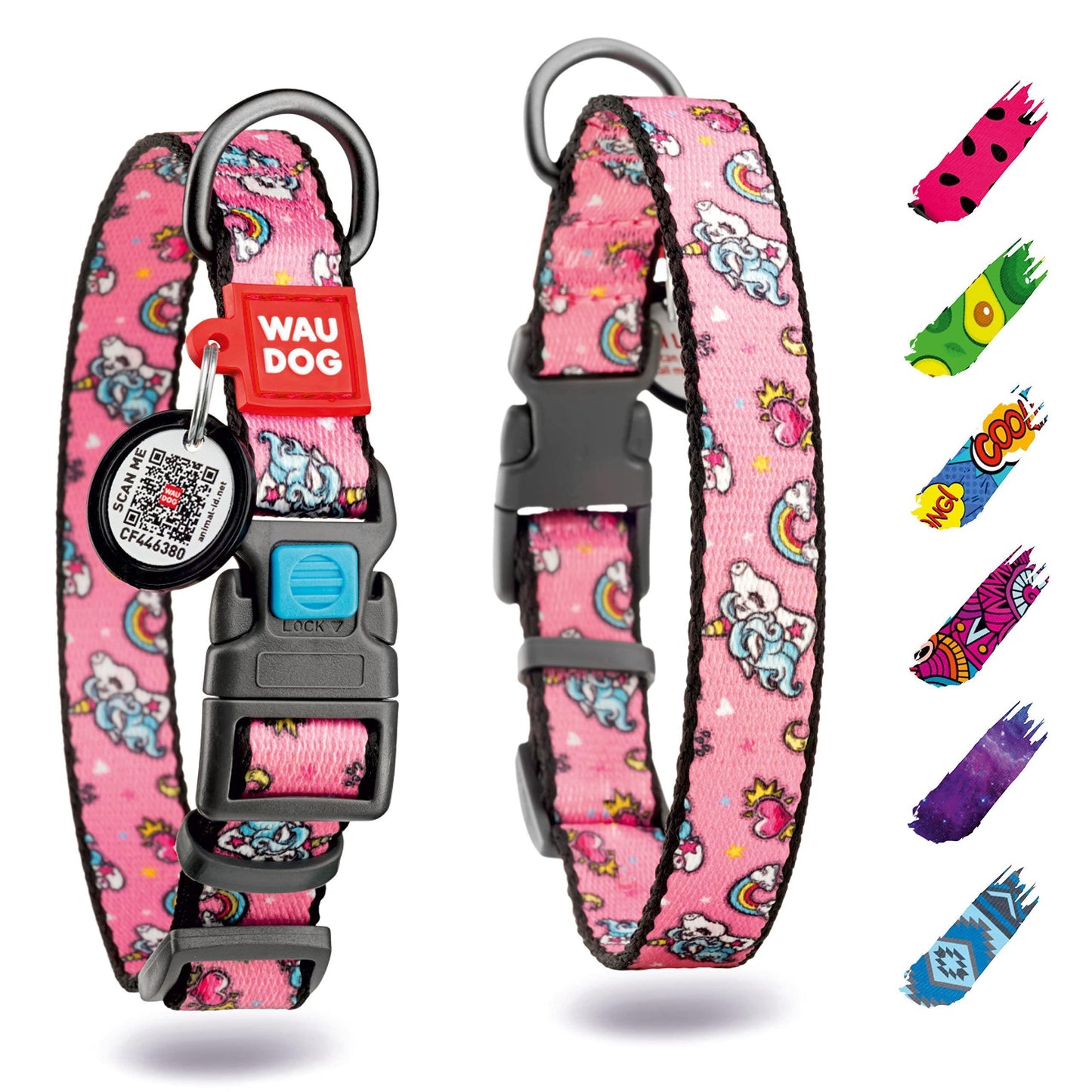 WAUDOG Adjustable Nylon Dog Collar with Durable Plastic Buckle and QR Dog Tag. XLARGE (Unicorns) For Pet With Love
