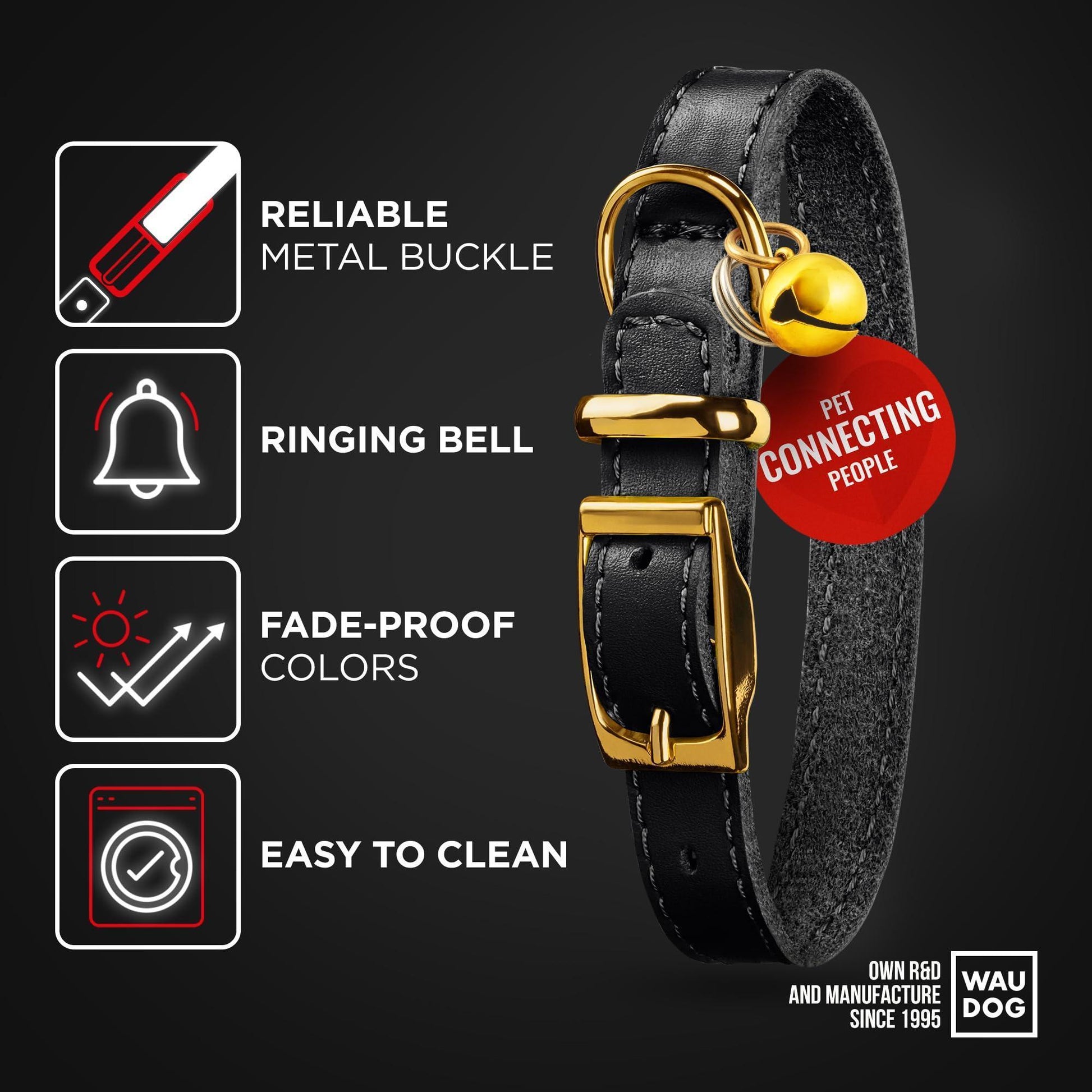 WAUDOG Leather Cat Collar with Removable Bell and QR ID Tag. BLACK. MEDIUM For Pet With Love