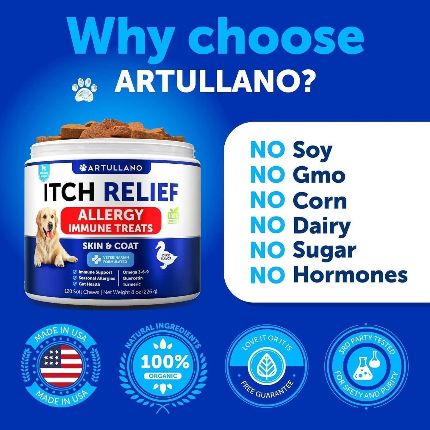 Artullano Canine Immune Health Supplement & Itch Relief for Dogs 120 Chews For Pet With Love