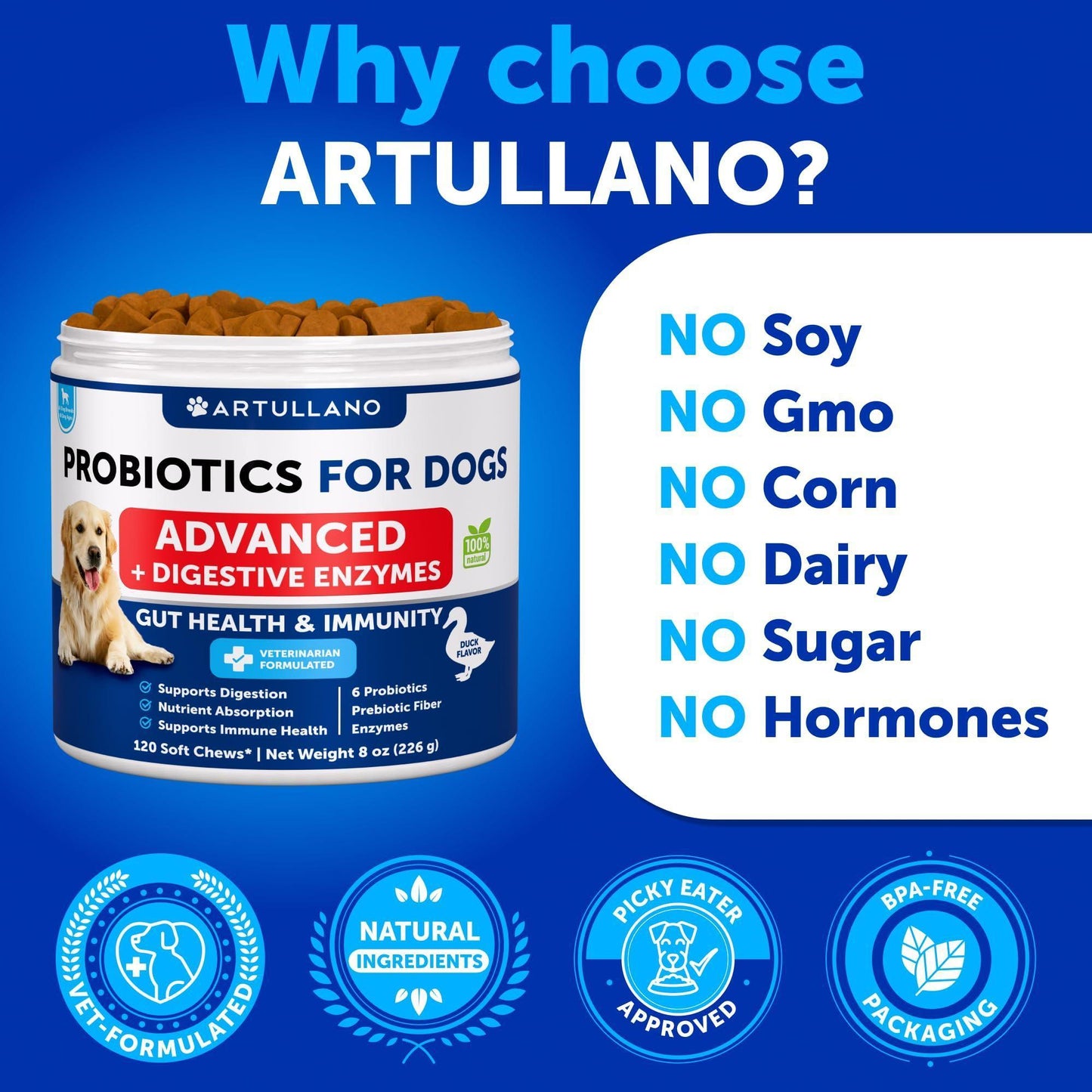Artullano Probiotics for Dogs. Probiotics Digestive Enzymes with Prebiotic Fiber for Gut Health, Itchy Skin, Allergies, Immunity Yeast Balance. (2-Pack) 240 Treats