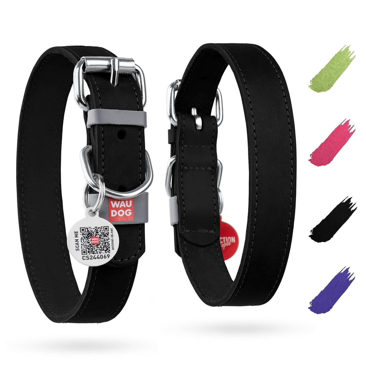 WAUDOG Adjustable Long Lasting Leather Dog Collar with Durable Buckle D Ring & QR Dog Tag. LARGE. Black. For Pet With Love