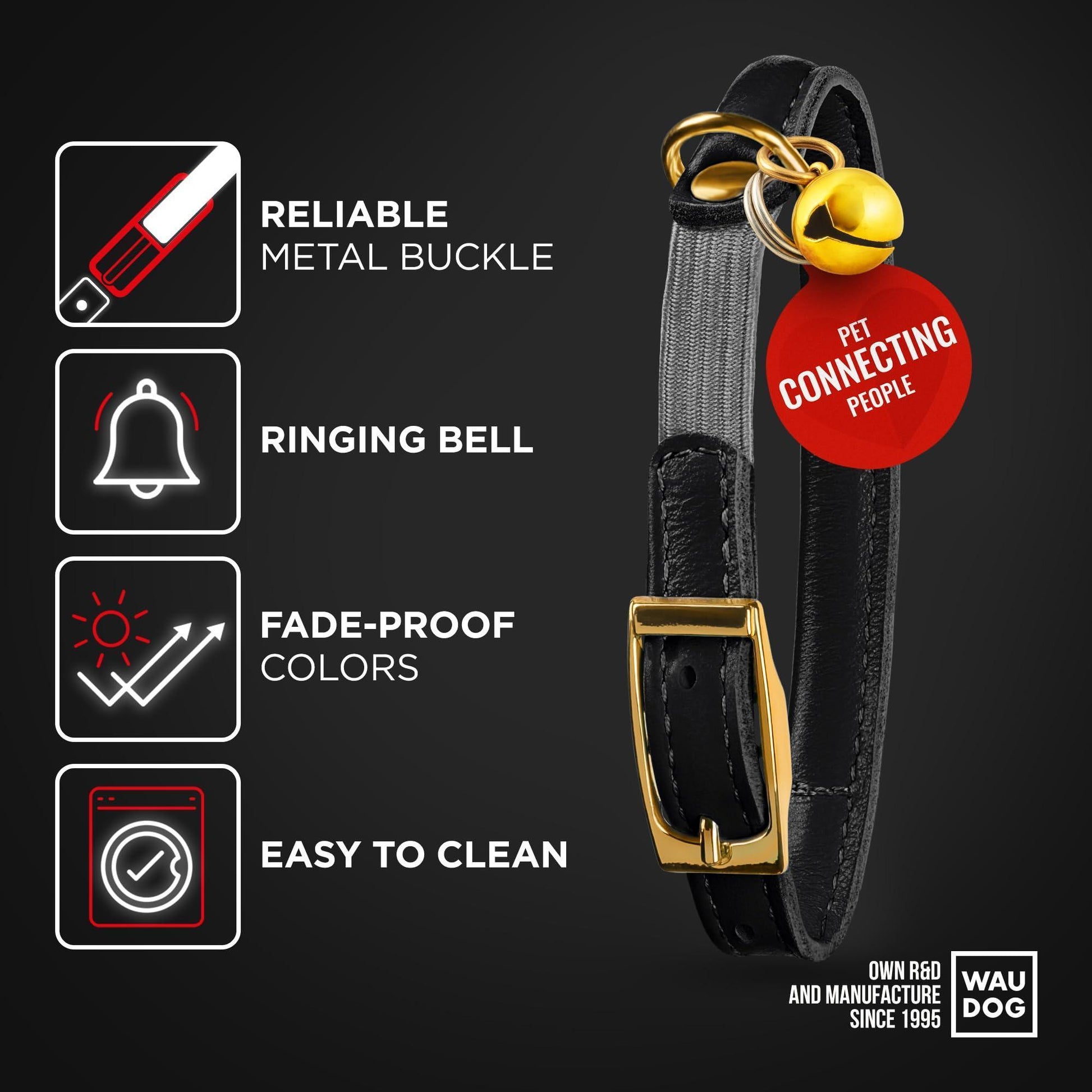 WAUDOG Ultra Soft Rolled Leather Cat Collar with Removable Bell Safety Elastic Strap and QR ID Tag. Black. (Medium) For Pet With Love