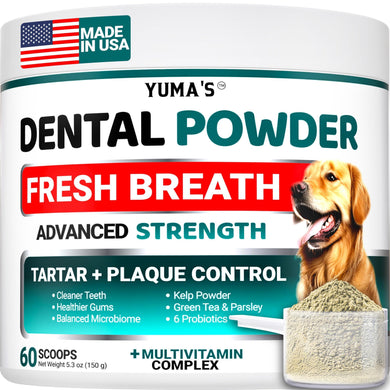 Yuma's Dental Powder packaging with a dog and product details on a white background