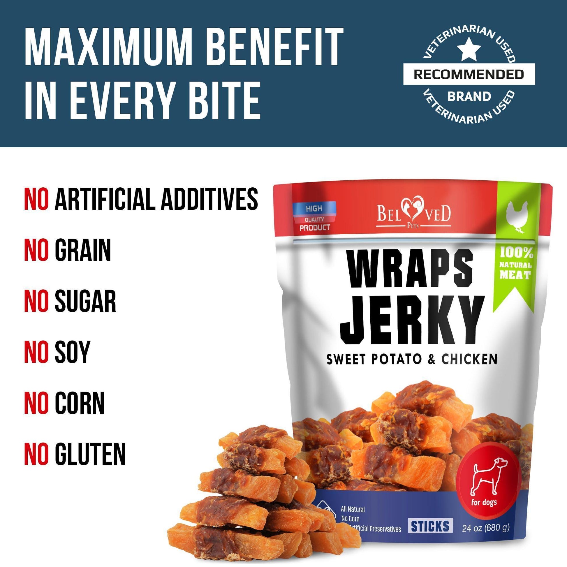 Beloved Pets All Natural Sweet Potato & Chicken Jerky Wraps Dog Treats 24 Oz For Pet With Love