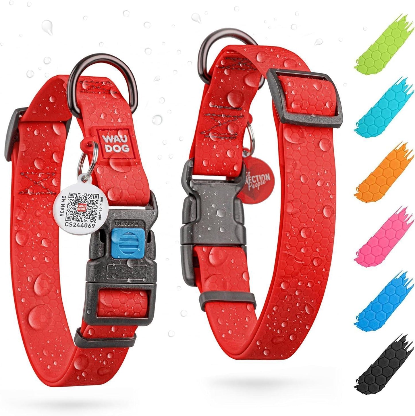 WAUDOG Adjustable Waterproof Heavy Duty Dog Collar with Durable Plastic Buckle and QR Dog Tag. XXLARGE (Red) For Pet With Love