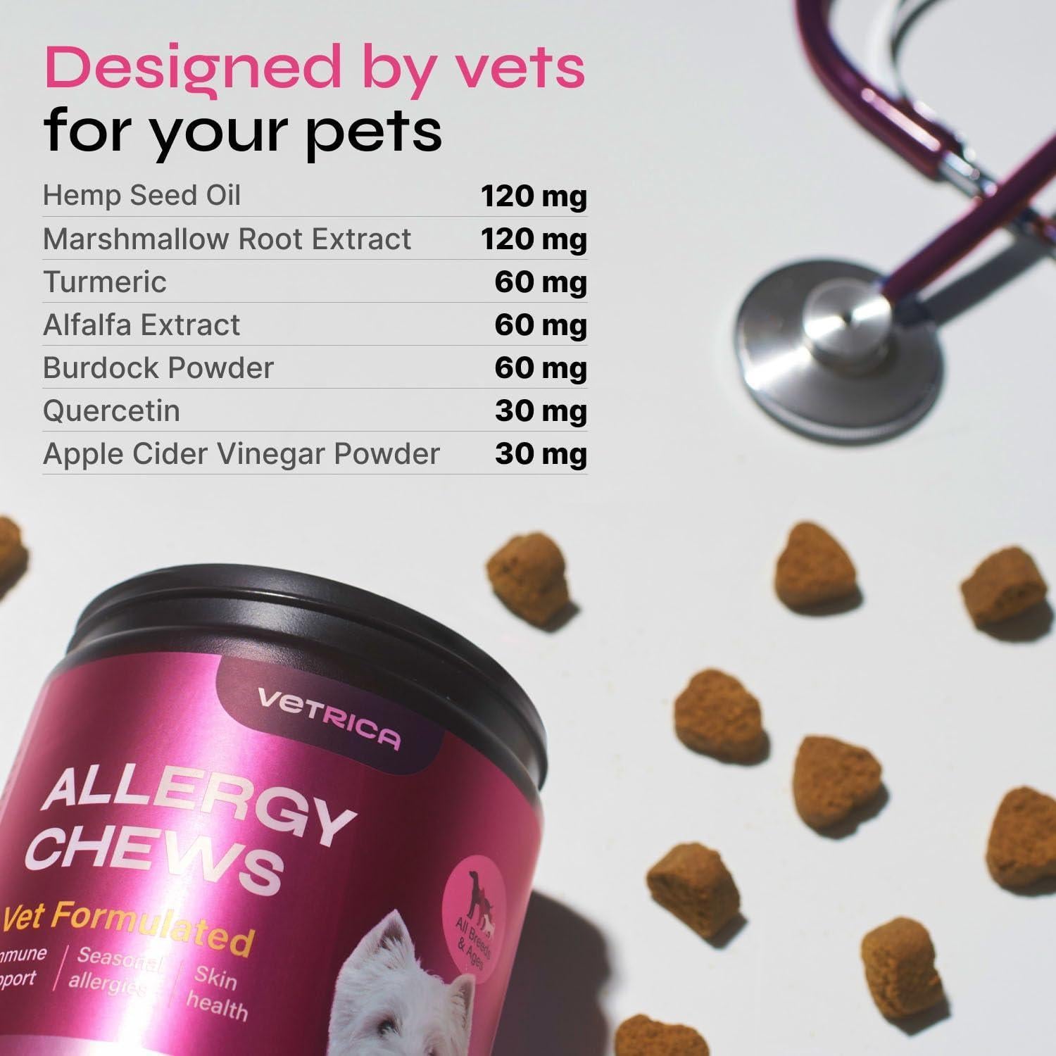 VETRICA Dog Itching Skin Relief and Seasonal Allergies Support Supplement 130 Ct For Pet With Love