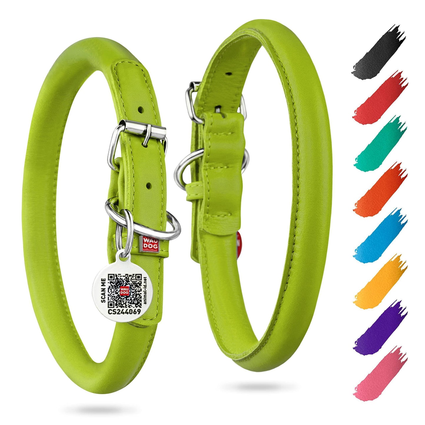 WAUDOG Ultra Soft Rolled Leather Dog Collar GREEN XSMALL For Pet With Love