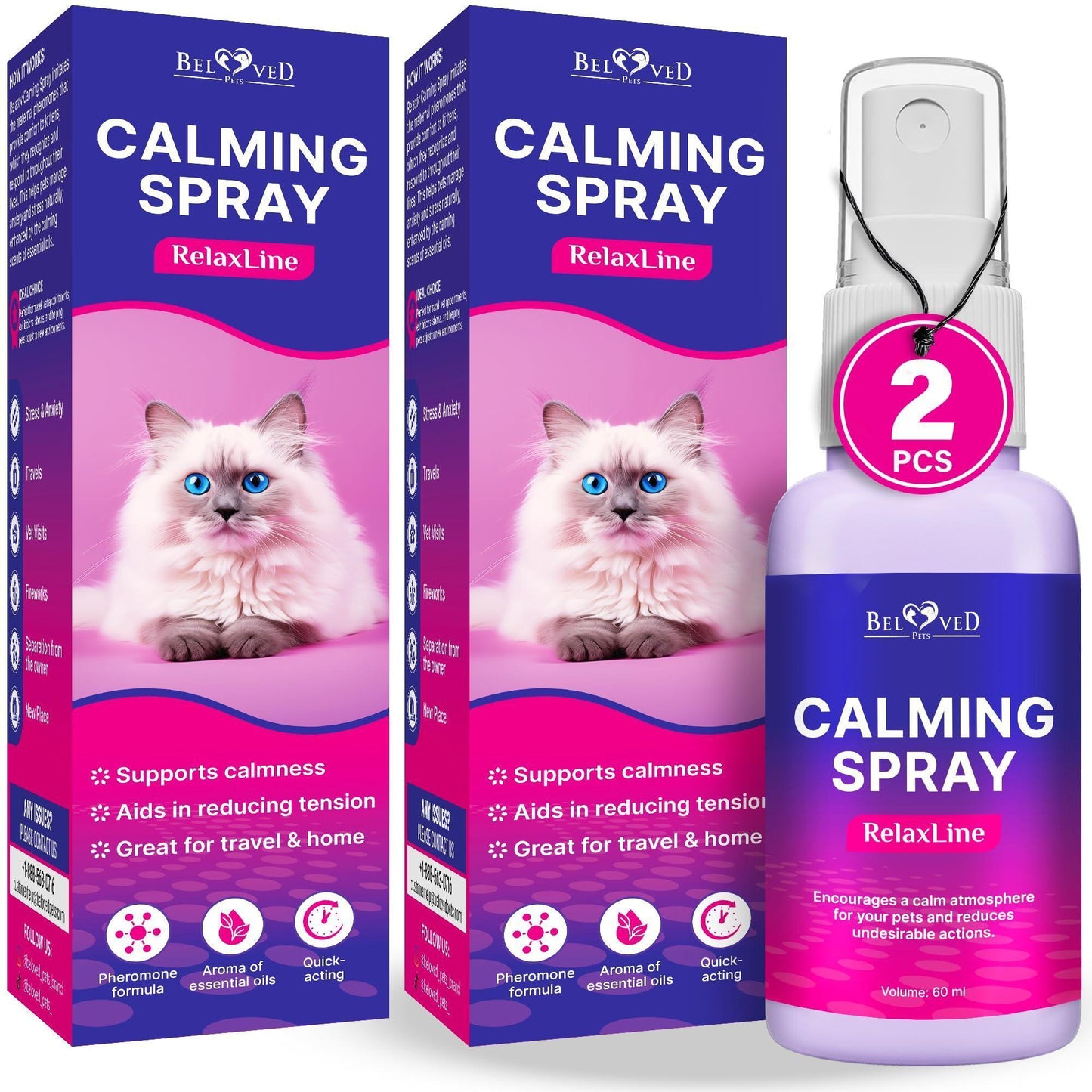 Beloved Pets RelaxLine Calming Pheromone Spray & Scratch Repellent for Cats. 100 ml (2 pack)