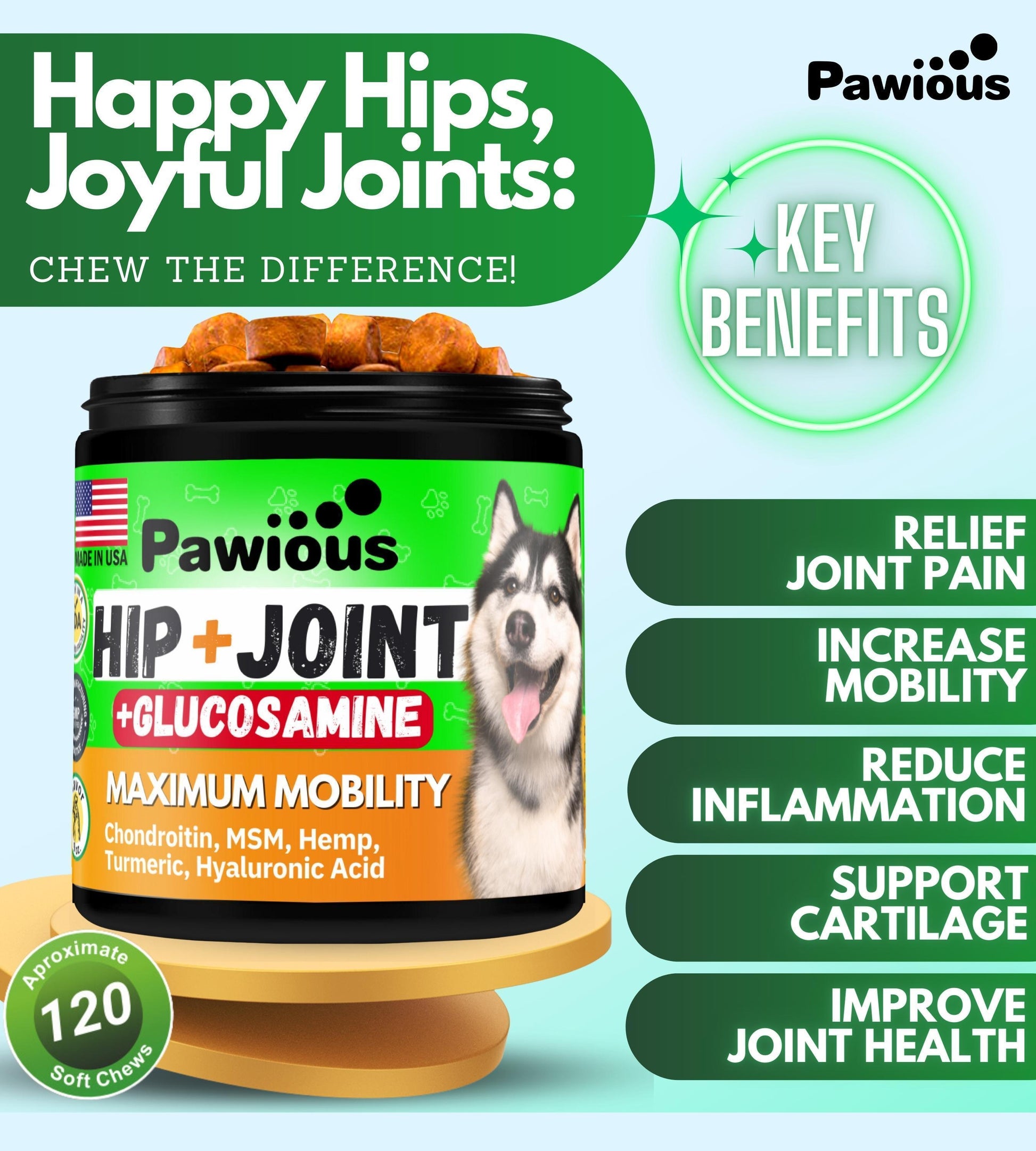 Pawious Hip and Joint Supplement for Dogs with Glucosamine For Pet With Love