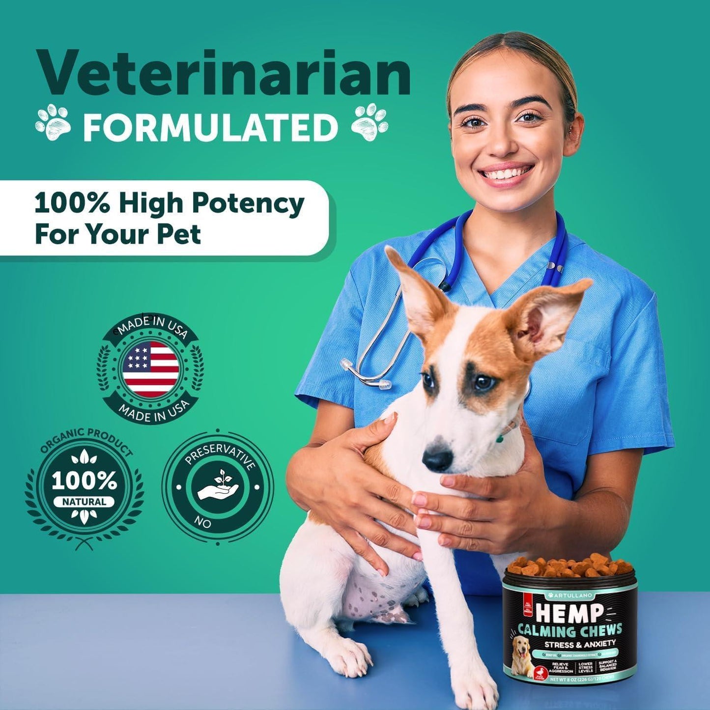 Artullano Hemp Anxiety Relief Calming Chews for Dogs 120 Chews For Pet With Love