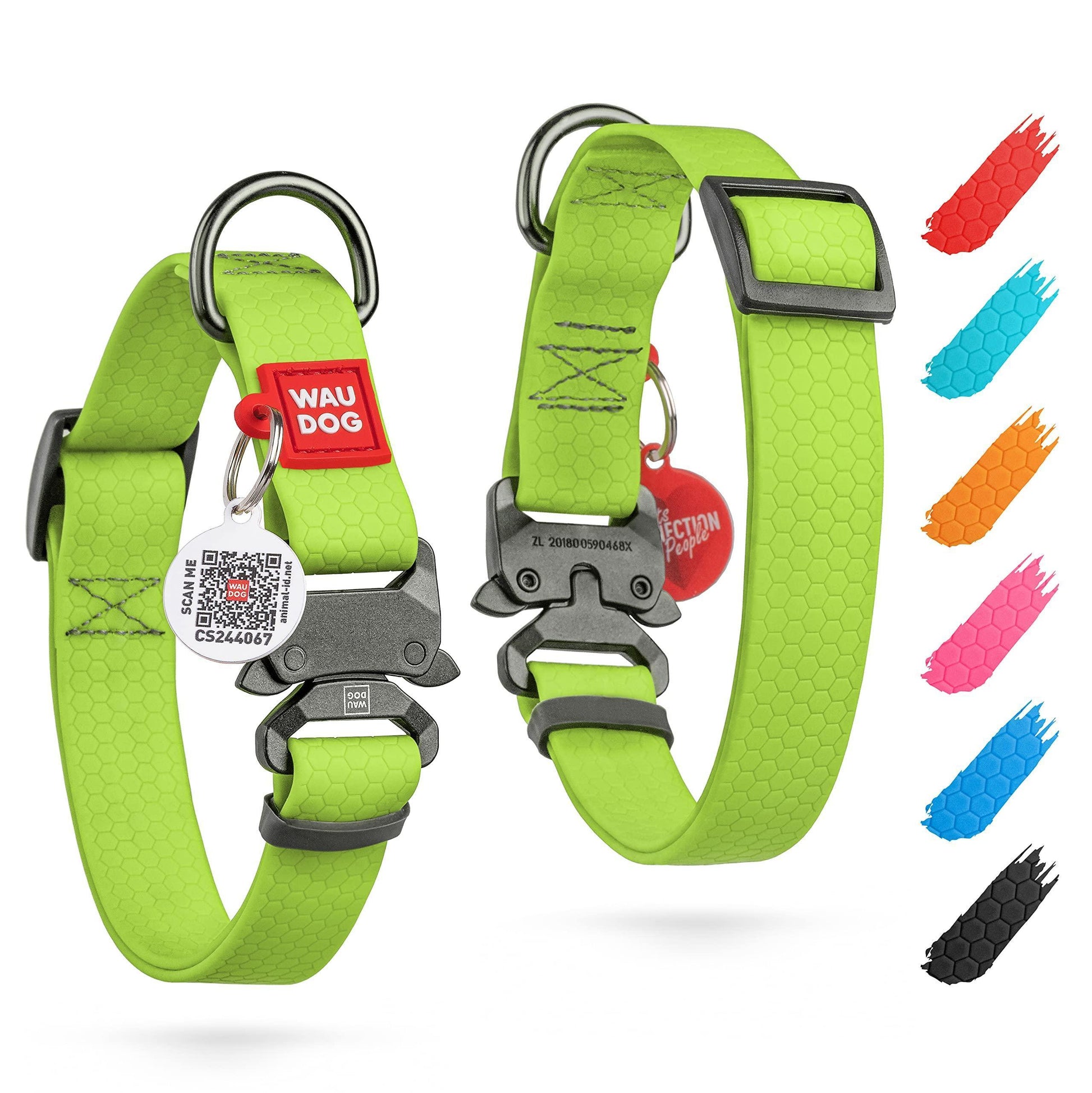 WAUDOG Adjustable Waterproof Heavy Duty Dog Collar with Durable Metal Clasp and QR Dog Tag. SMALL (Green) For Pet With Love
