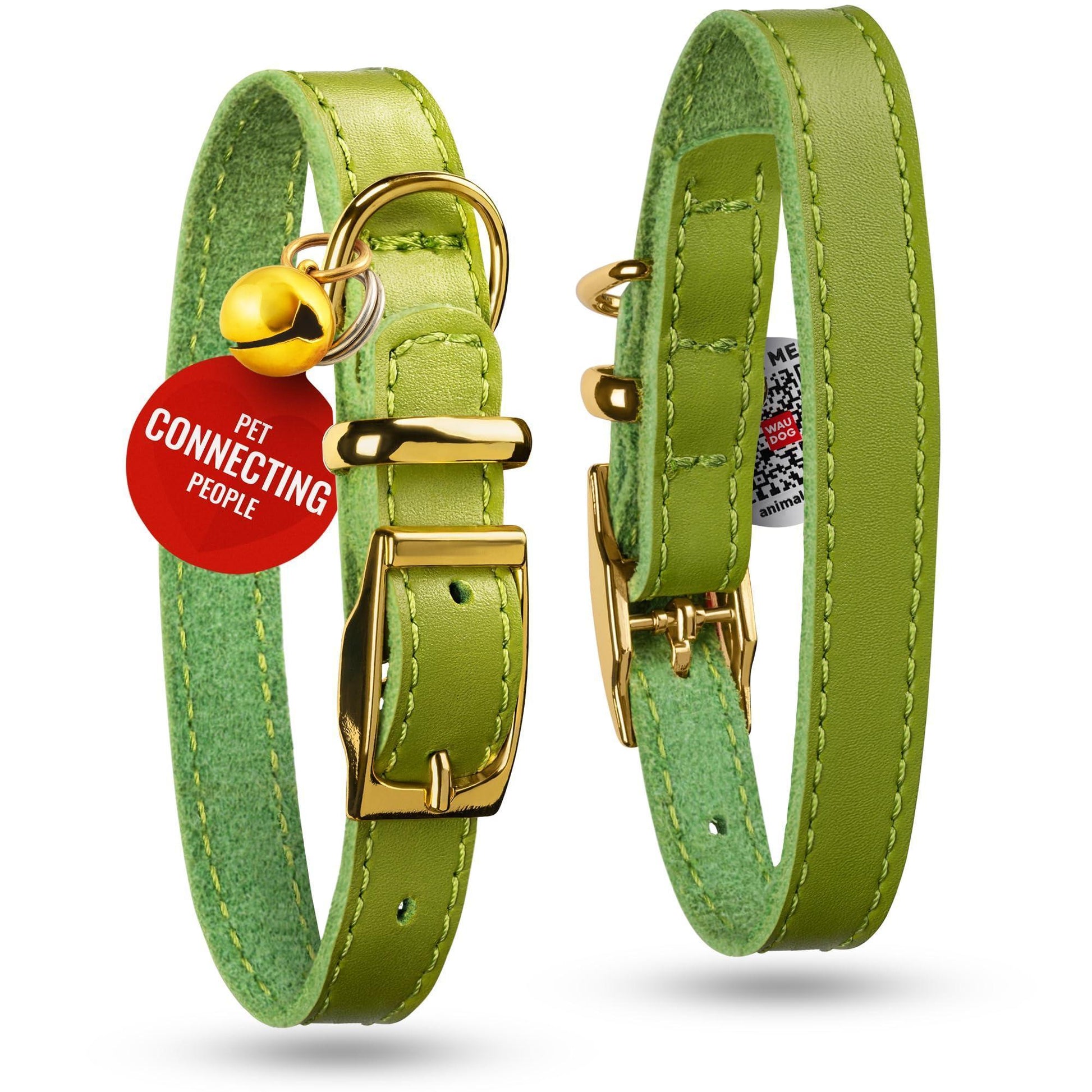 WAUDOG Leather Cat Collar with Removable Bell and QR ID Tag. GREEN. SMALL For Pet With Love