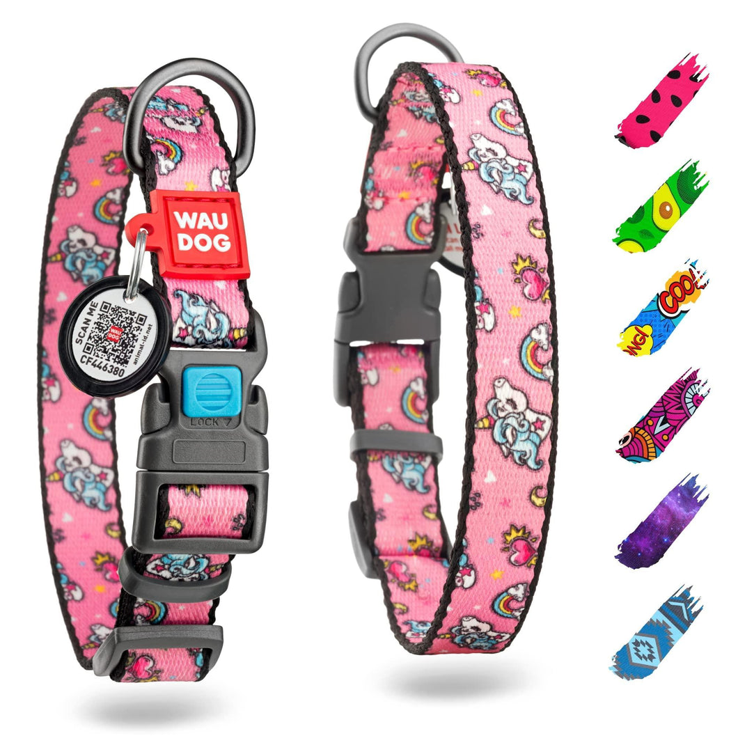 WAUDOG Adjustable Nylon Dog Collar with Durable Plastic Buckle and QR Dog Tag. SMALL (Unicorns)