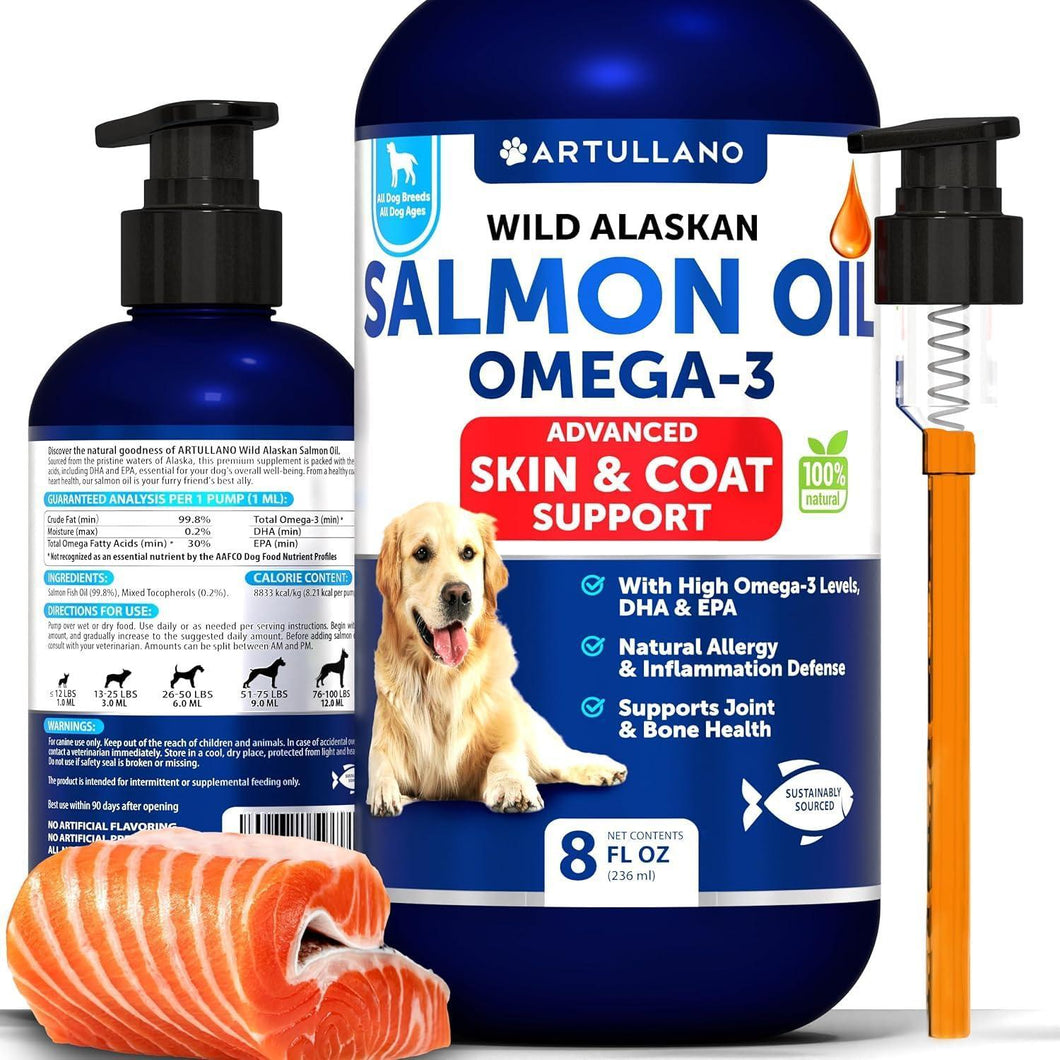 Artullano Salmon Oil for Dogs Liquid Supplement for Skin & Coat Allergy Joint & Bone Health 8 Oz For Pet With Love