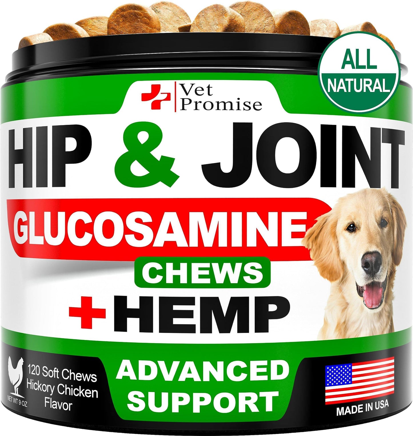 Vet Promise Glucosamine  Hemp Hip and Joint Support Supplement for Dogs 120 Chews For Pet With Love