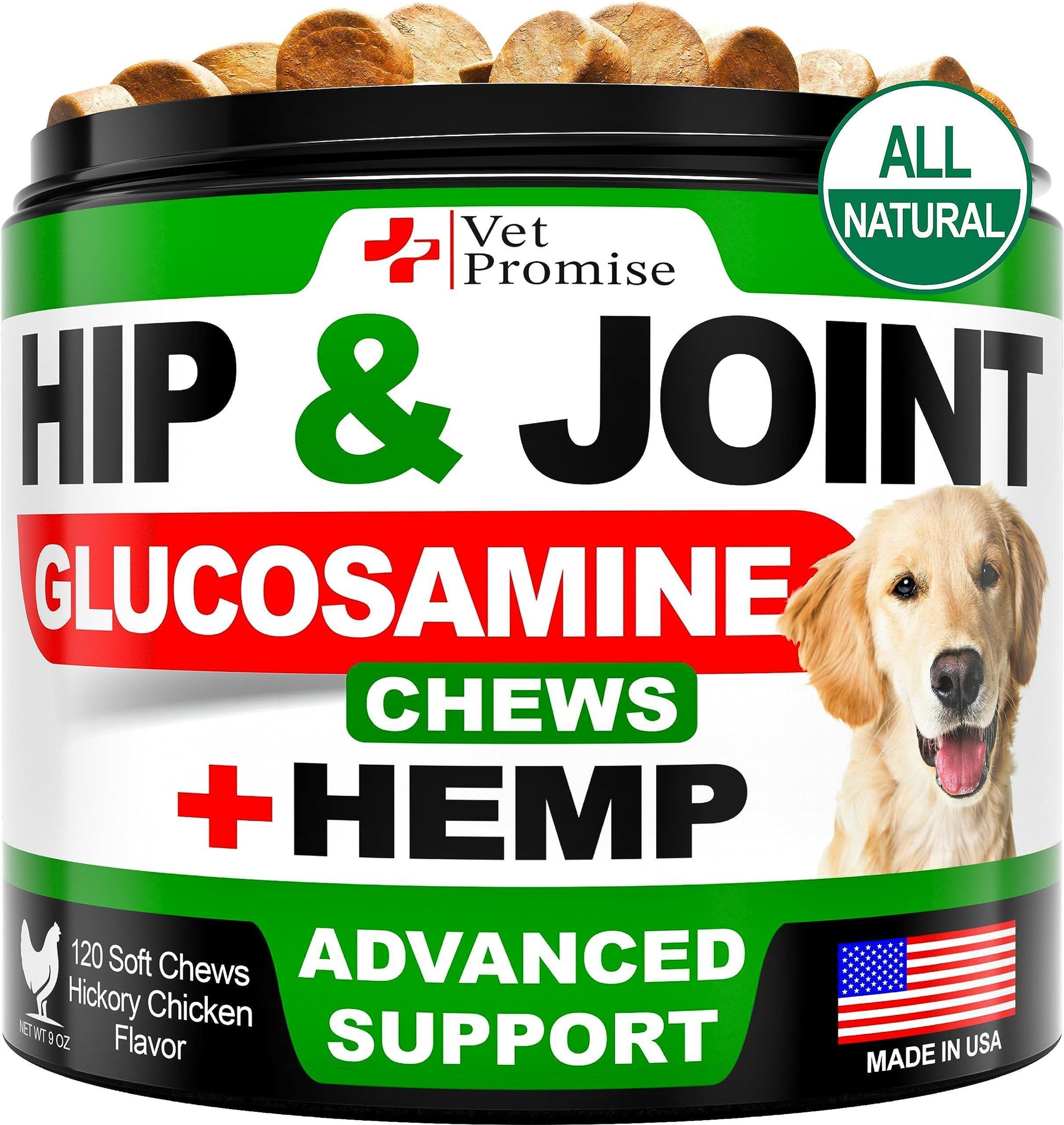 Vet Promise Glucosamine  Hemp Hip and Joint Support Supplement for Dogs 120 Chews For Pet With Love