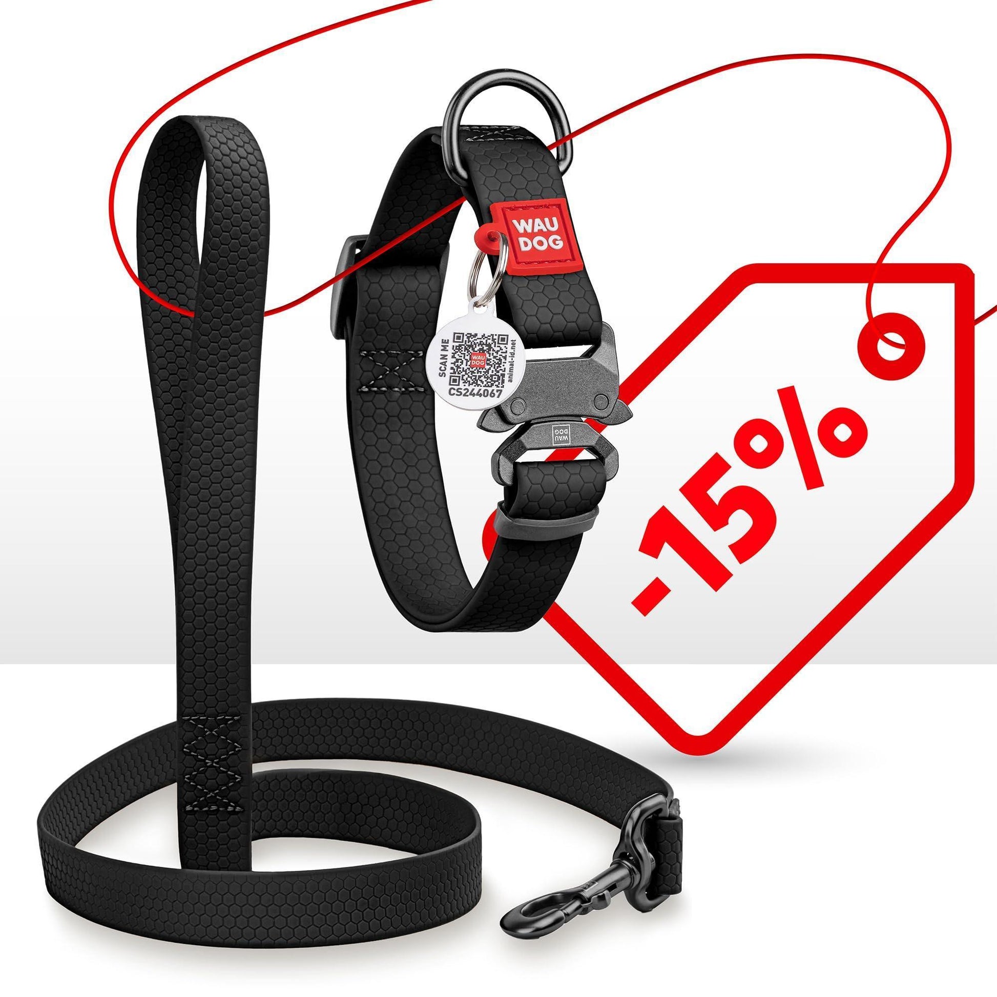 WAUDOG Adjustable Waterproof Dog Collar with Durable Metal Clasp and QR Dog Tag. BLACK. SMALL For Pet With Love