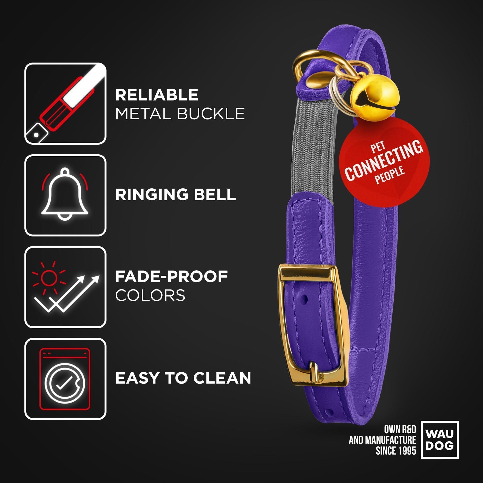 WAUDOG Ultra Soft Rolled Leather Cat Collar with Removable Bell Safety Elastic Strap and QR ID Tag. Purple. (Small) For Pet With Love