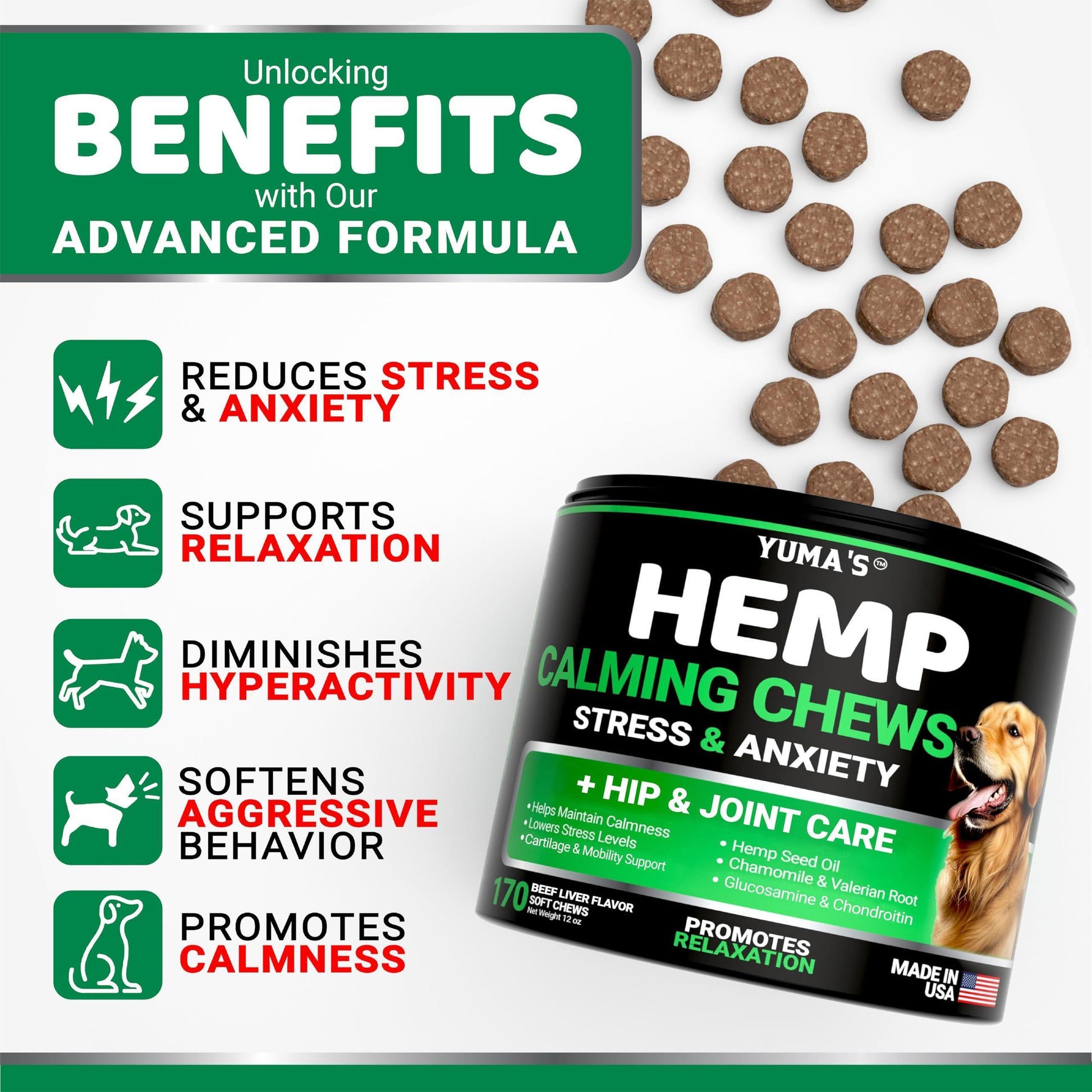 YUMA'S Advanced Hemp Dog Calming Anxiety Relief, Separation Aid, Stress, Hip and Joint Supplement for Canine Health Support Treats (170 Treats. Beef Flavor) For Pet With Love