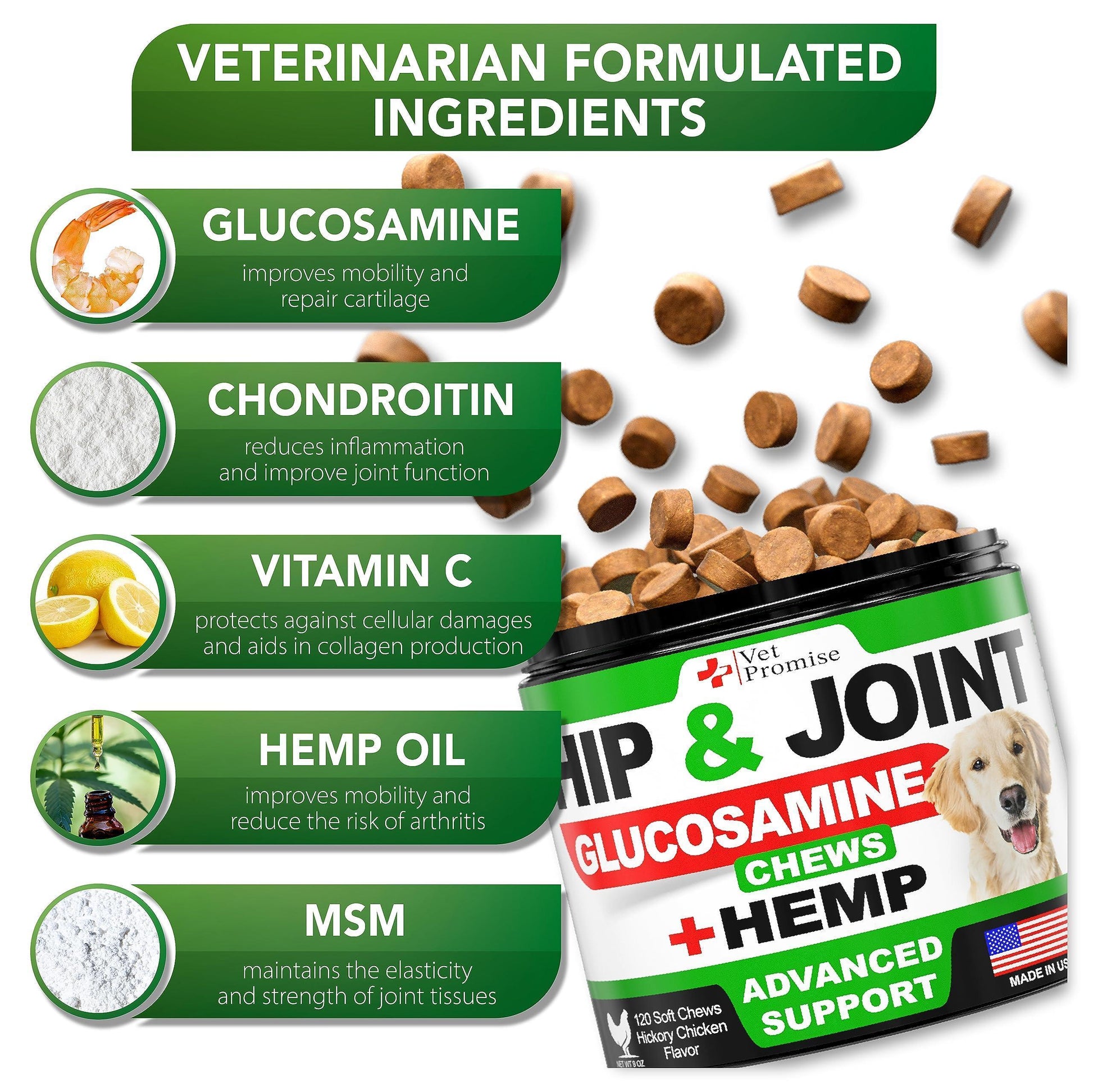Vet Promise Glucosamine  Hemp Hip and Joint Support Supplement for Dogs 120 Chews For Pet With Love