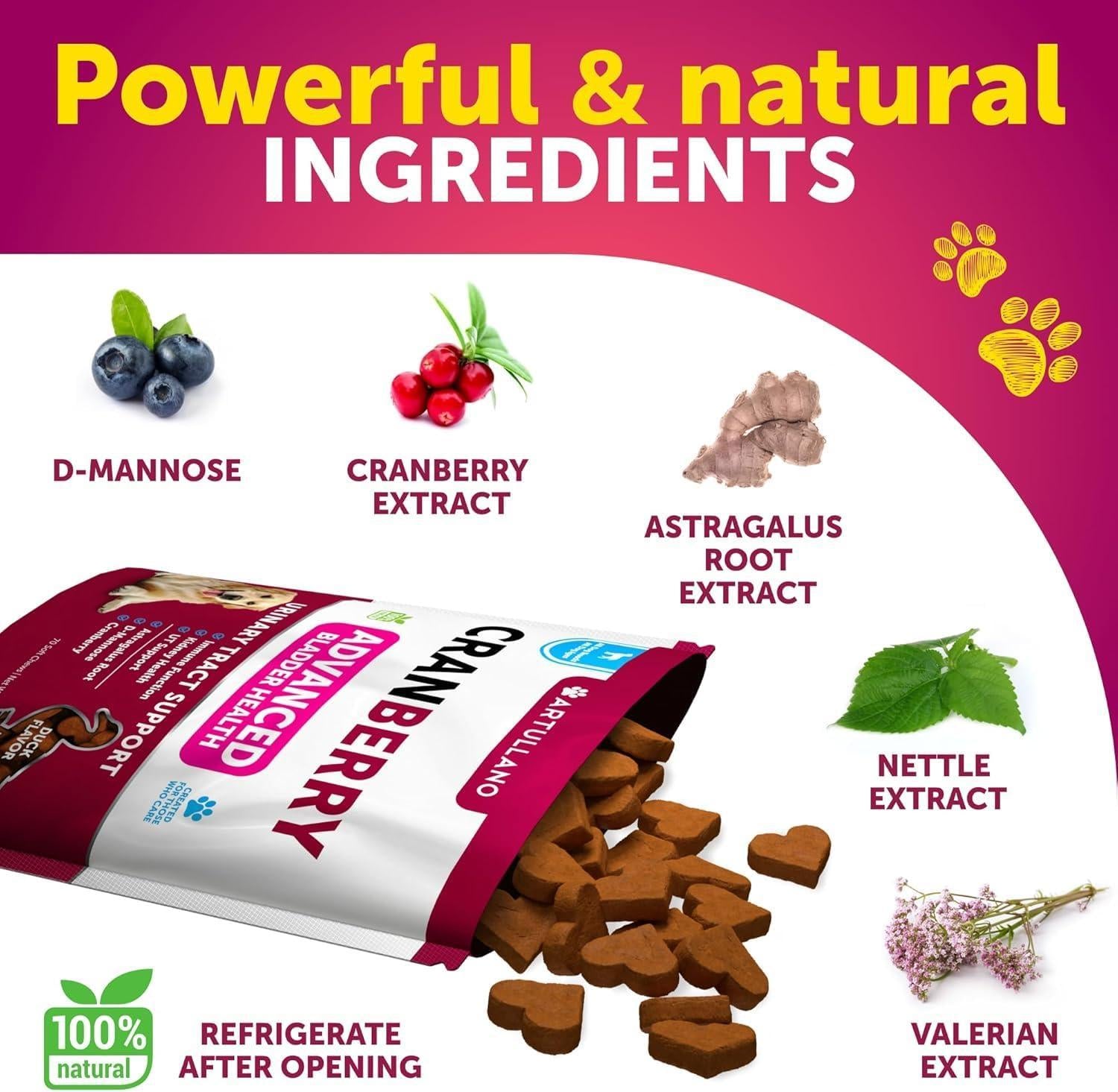 Artullano Cranberry Dog UTI Treatment & Bladder Control, Kidney Support with Fish Oil 70 Chews For Pet With Love