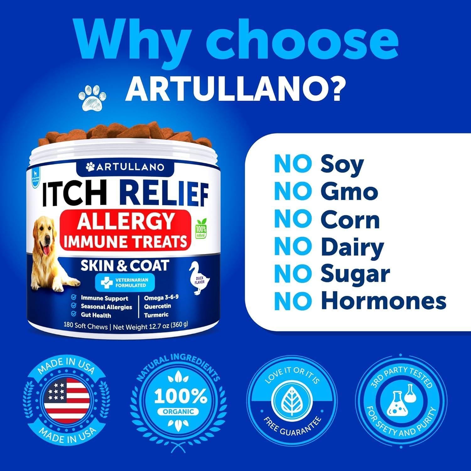 Artullano Canine Immune Health Supplement Itching Skin & Allergy Relief 180 Ct For Pet With Love