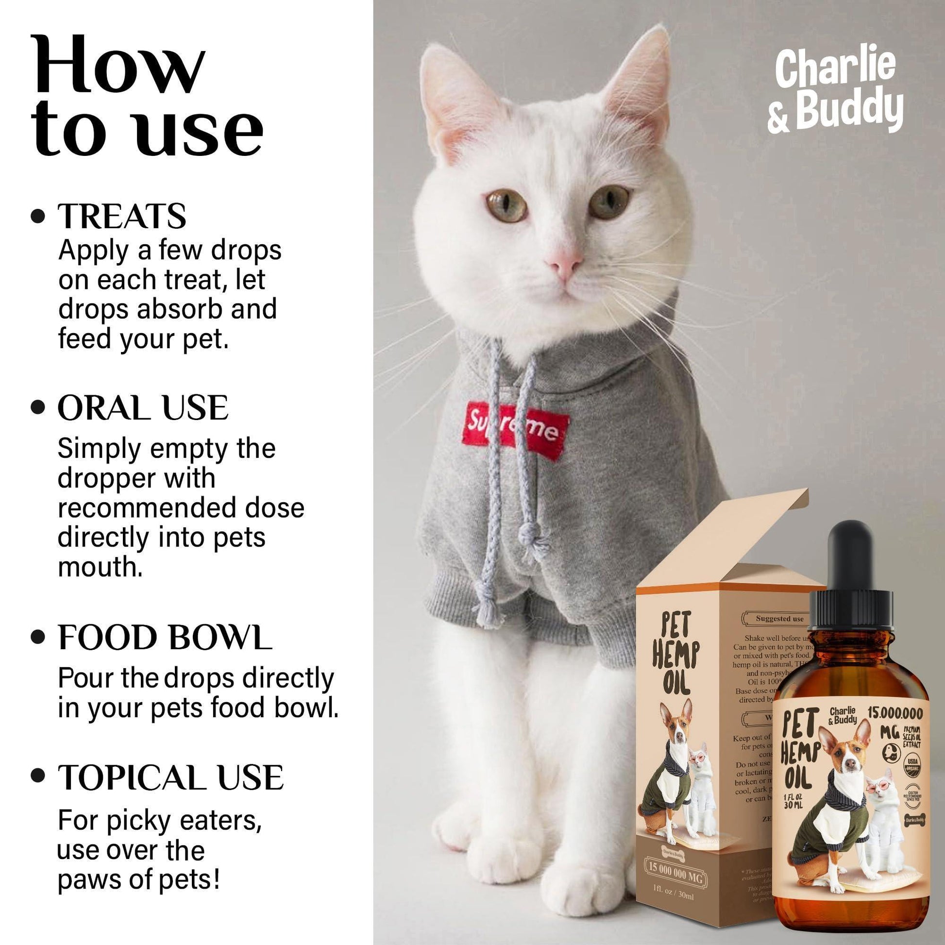 Charlie & Buddy Hemp Oil for Dogs and Cats. Hip and Joint Support and Skin Health Anxiety Calm. Omega 3, 6, 9, and Vitamins B, C, and E For Pet With Love