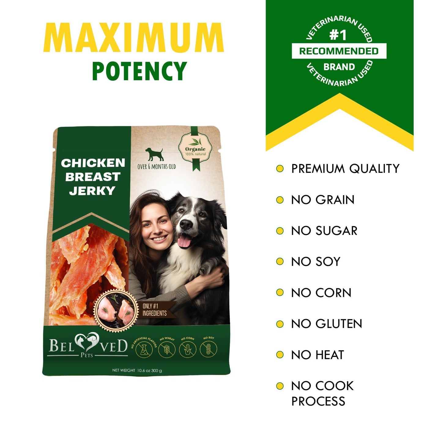 Beloved Pets All Natural and Organic Healthy Snacks Chicken Breast Jerky Dog Treats. Grain Free and High Protein. Human Grade Pet Chews (300 Gram) For Pet With Love