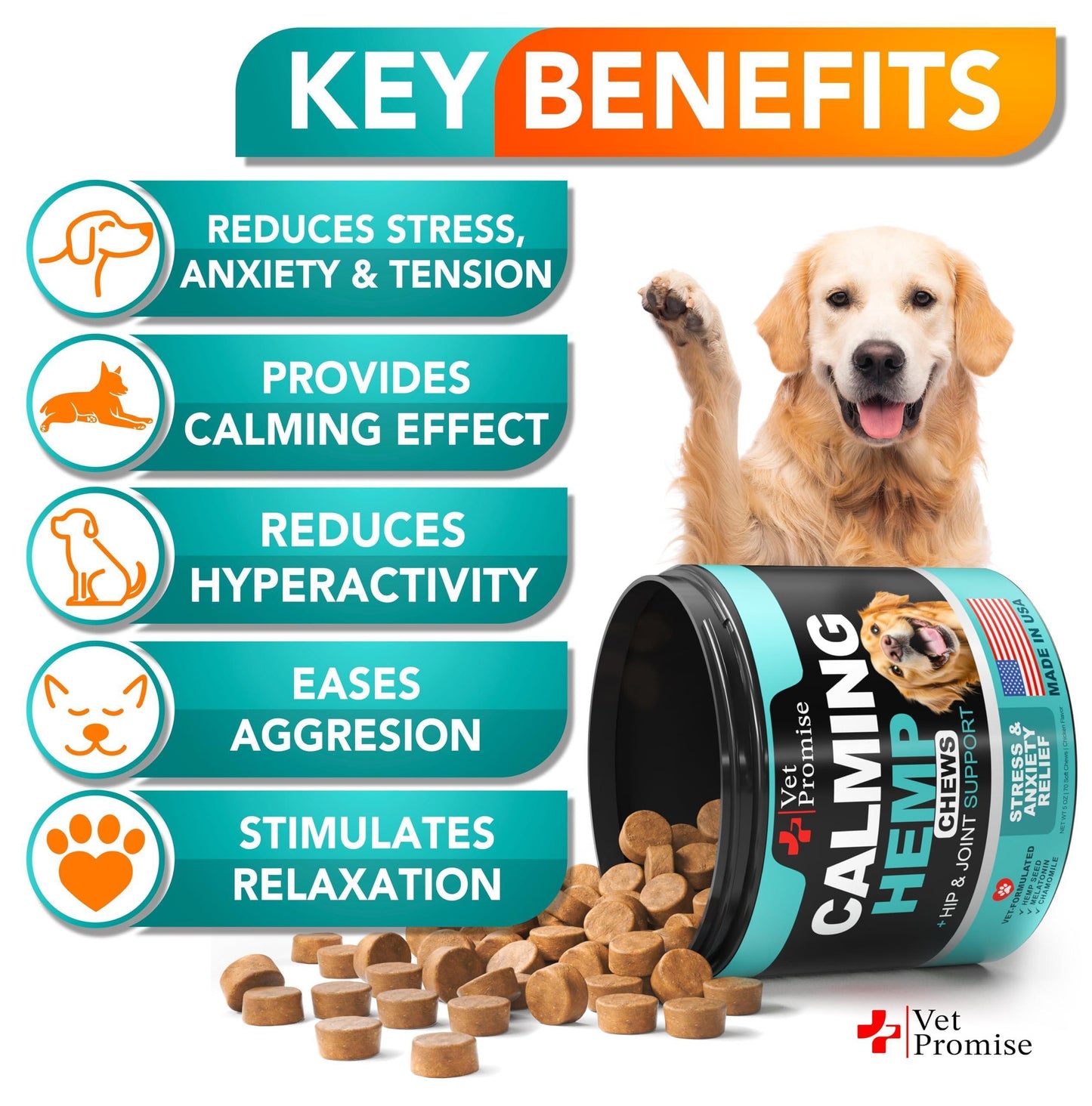Vet Promise Advanced Calming Hemp Anxiety Relief Chews for Dogs with Melatonin. Stress & Separation Anxiety, Sleep Aid, Hip and Joint Supplement Support.  Made in USA (70 Treats) For Pet With Love