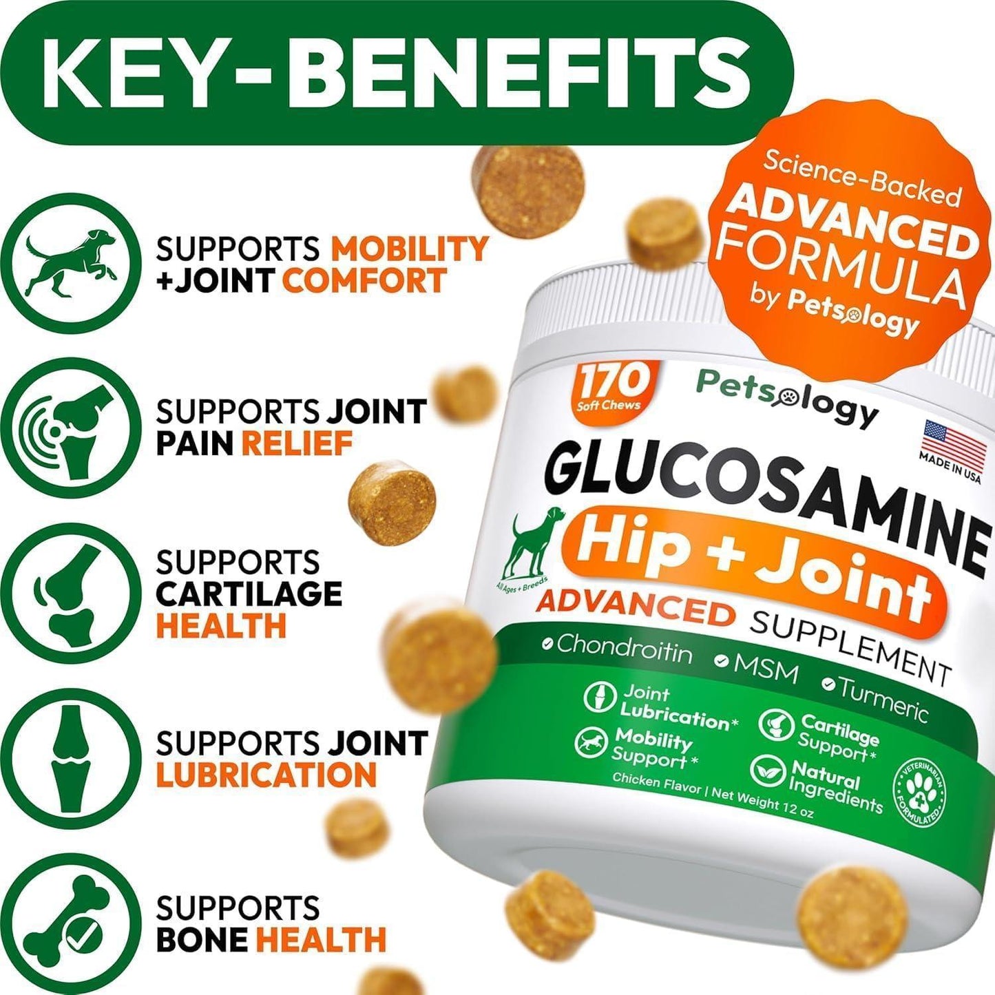 Petsology Mobility Advanced Hip and Joint Supplement for Dogs with Glucosamine Chondroitin. Made in USA. (2-pack) 340 Chews.