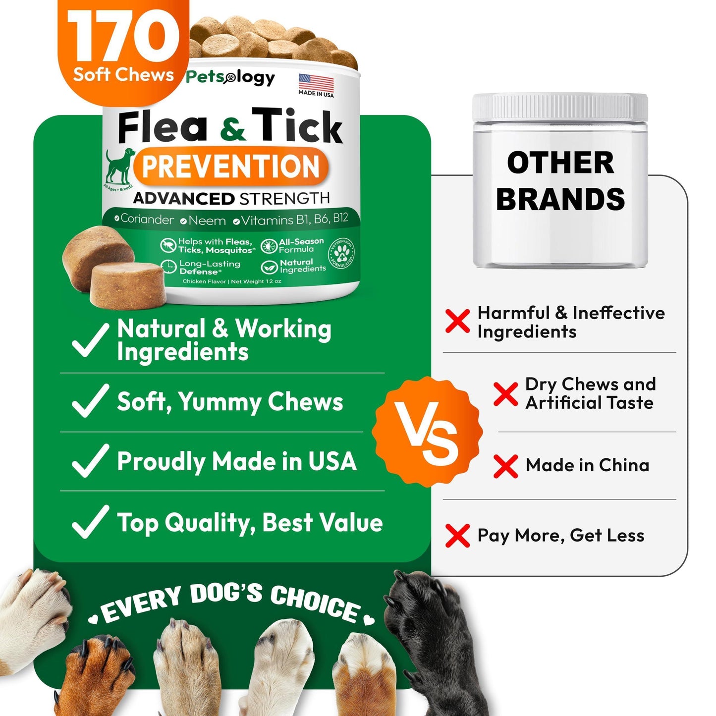 PETSOLOGY Natural  Flea and Tick Prevention Treatment for Dogs Vet Formulated Oral Defense Supplement for All Breeds & Ages 170 Soft Chews Made in USA For Pet With Love