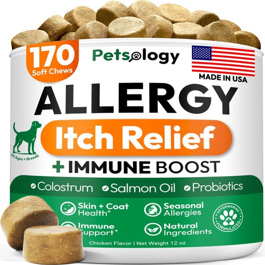 PETSOLOGY Dog Allergy Itching Relief Chews with Omega 3 Fish Oil Probiotics 170 Chews For Pet With Love