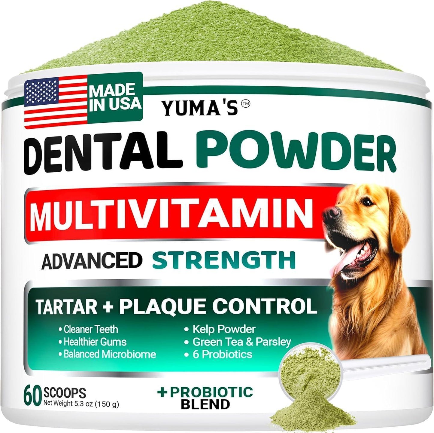 YUMA'S Breath Freshener with Multivitamin Dog Teeth Cleaning Dental Powder. Tartar and Plaque Control with Probiotics Immune Support for Dogs For Pet With Love