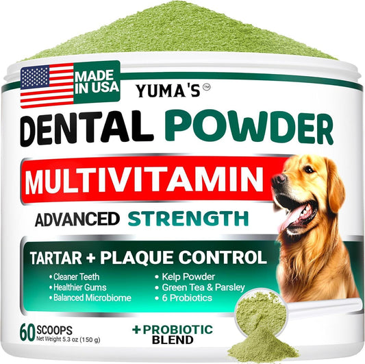 YUMA'S Breath Freshener with Multivitamin Dog Teeth Cleaning Dental Powder. Tartar and Plaque Control with Probiotics Immune Support for Dogs For Pet With Love