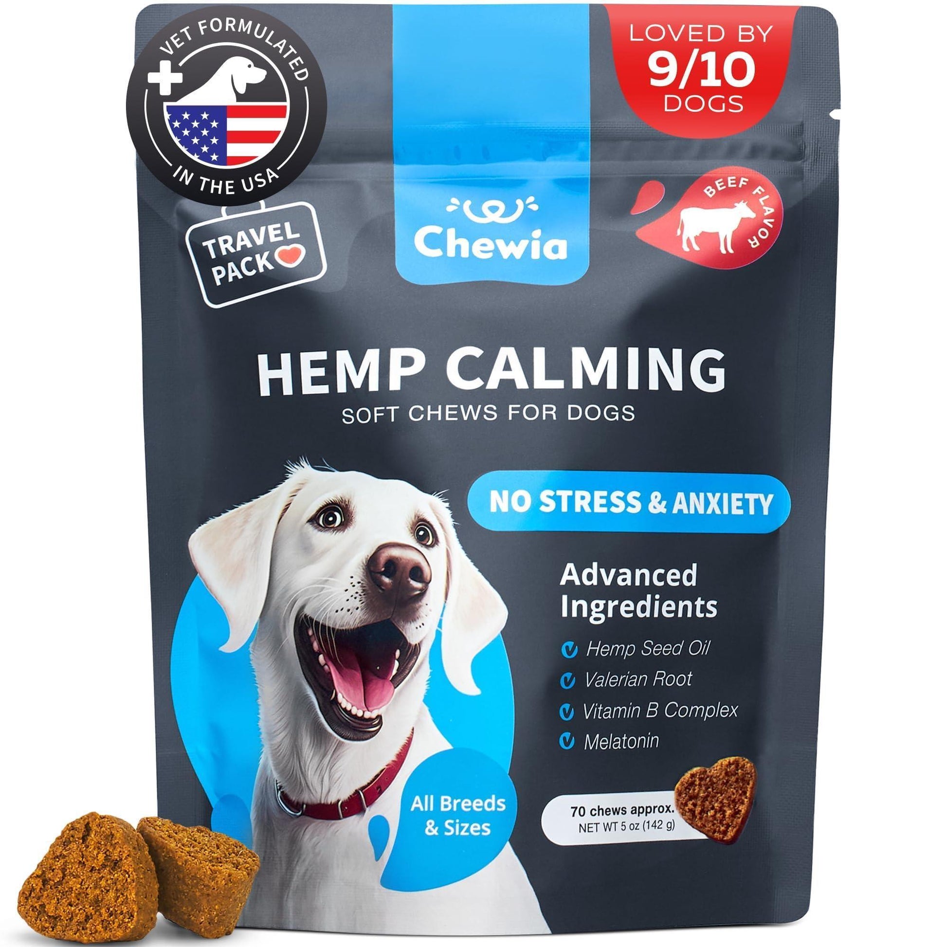 CHEWIA Hemp Calming Anxiety Support Chews for Dogs with Melatonin, Chamomile Extract, and Valerian Root. 70 Chews For Pet With Love