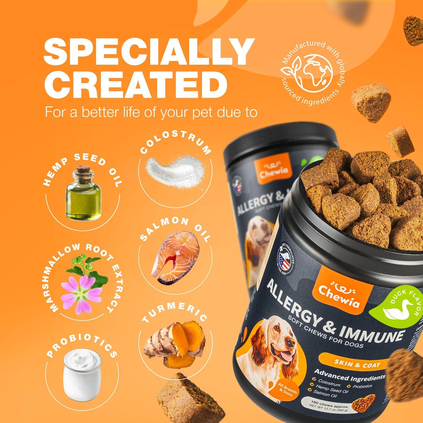 CHEWIA Dog Itch & Allergy Relief Chews with Hemp Seed Oil & Salmon Oil 180 Chews For Pet With Love