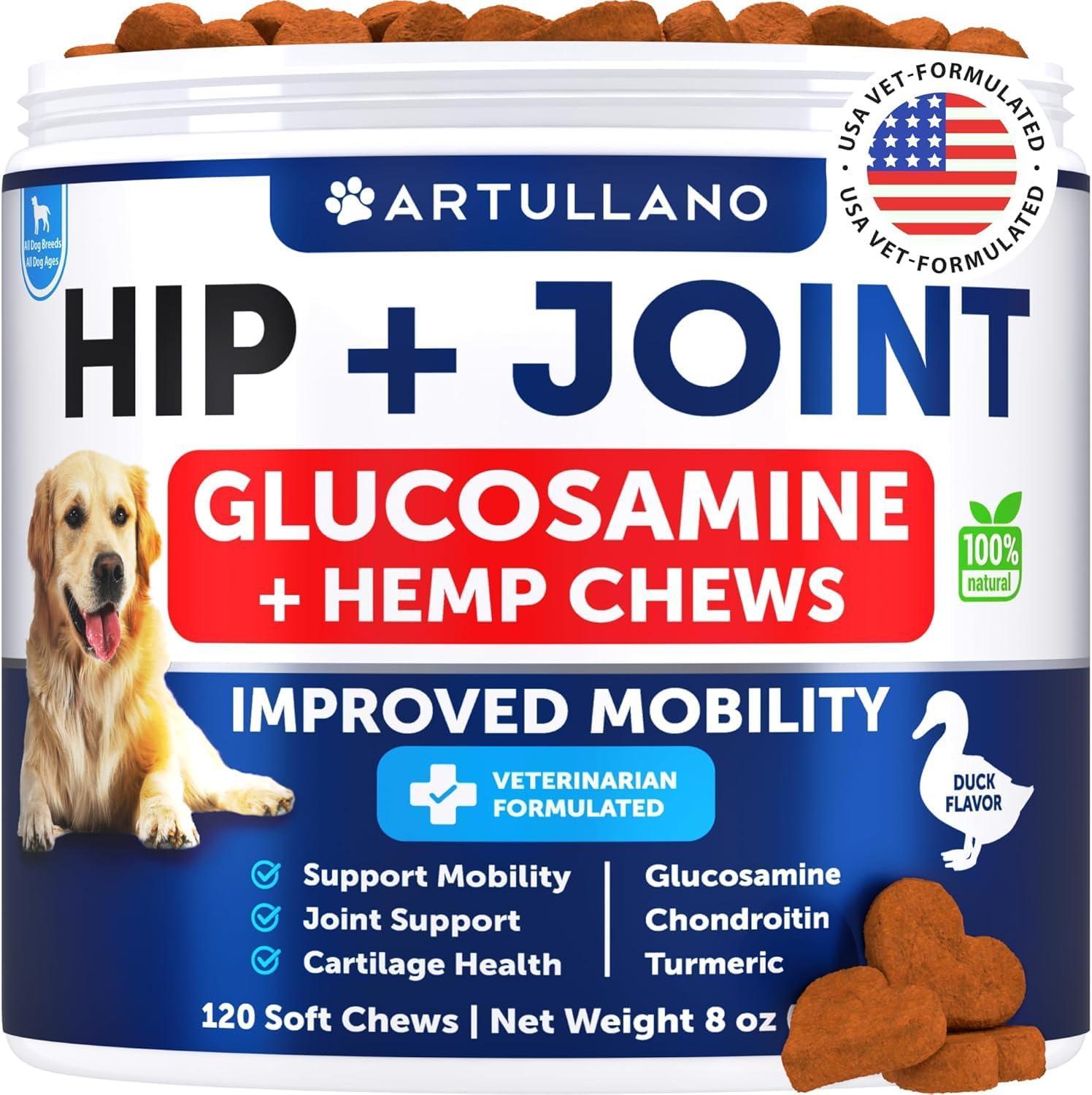 Artullano Hemp Hip and Joint Supplement with Glucosamine for Dogs 120 Chews For Pet With Love