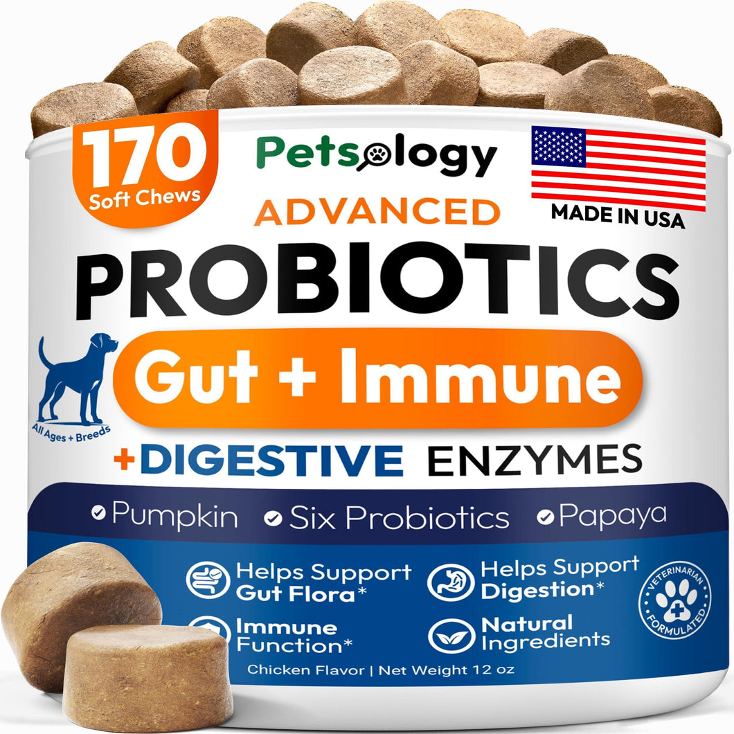 PETSOLOGY Digestive Enzymes & Prebiotics Supplement for Dogs 170 Chews For Pet With Love