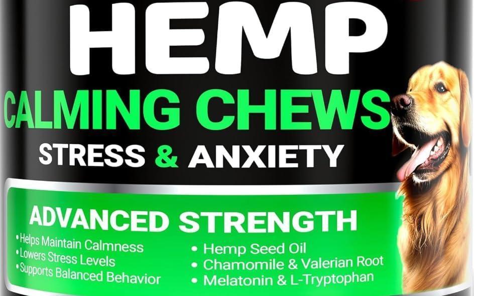 Canister of Hemp Calming Chews for dogs with a dog's face on a black background