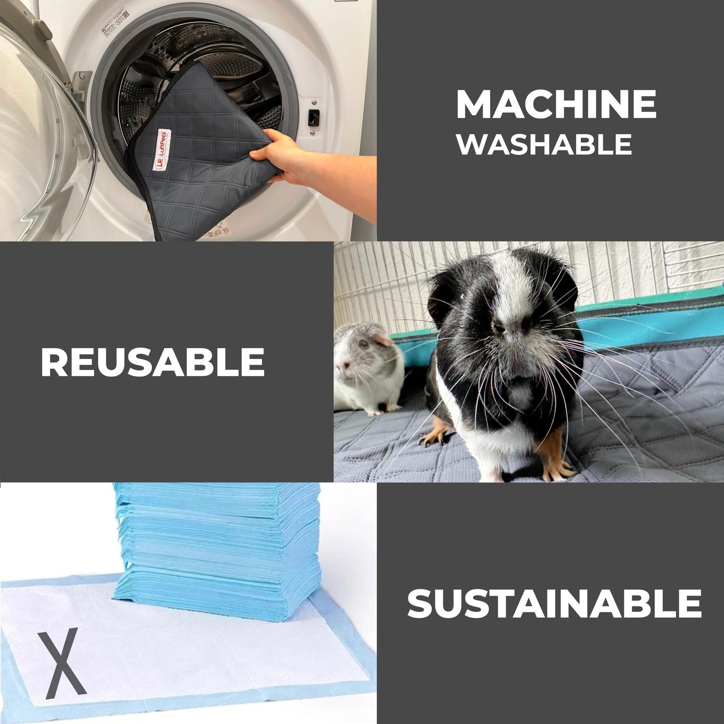 LUFTPETS Washable Small Animal Cage Liners for C&C 2'x1' (29x 15 ) Habitats. Easy to Clean, Absorbent, Waterproof & Non Slip. 4-Pack. For Pet With Love