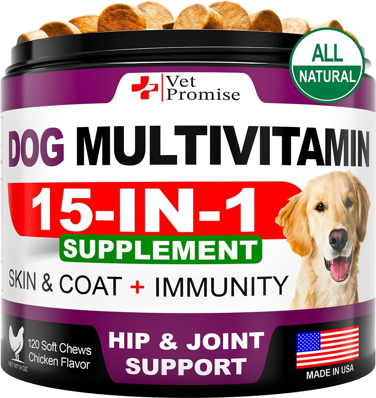 Vet Promise 15IN1 Multivitamin Supplement Complex for Dogs with Glucosamine. Joint Support, Immunity, Mobility, Energy, Gut, Skin Health Support. (120 Chews. Chicken Flavor) For Pet With Love