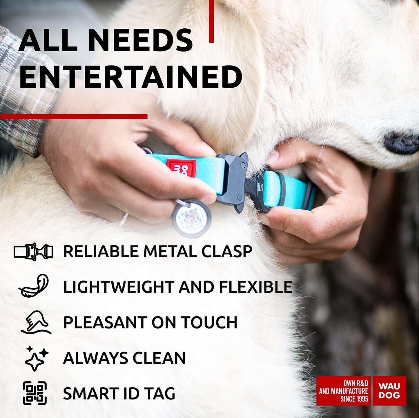 WAUDOG Adjustable Waterproof Glow in the Dark Dog Collar with Plastic Buckle and QR Dog Tag MINT MEDIUM For Pet With Love