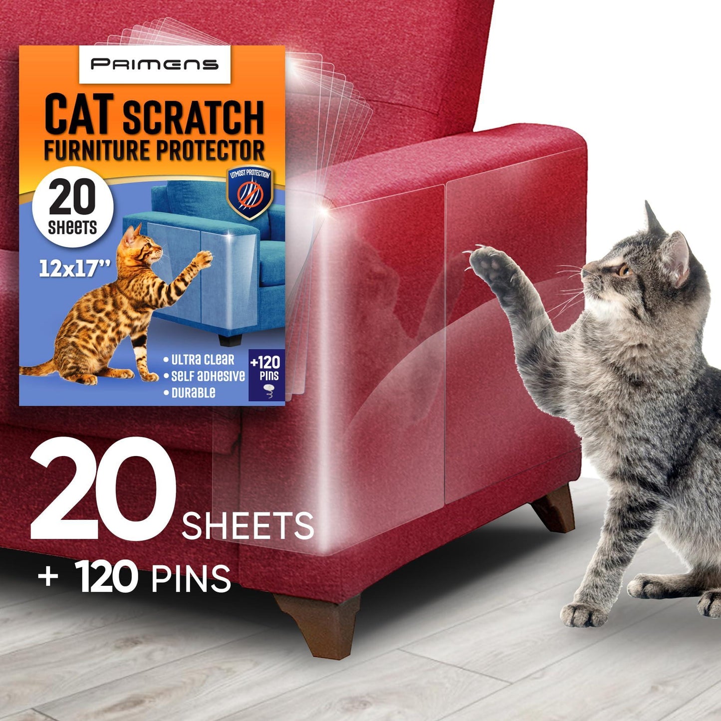 PRIMENS Heavy Duty Clear Cat Scratch Furniture Protectors for Sofas, Doors, Couches. Anti Cat Scratch Tape Guards. 20 Sheets. For Pet With Love