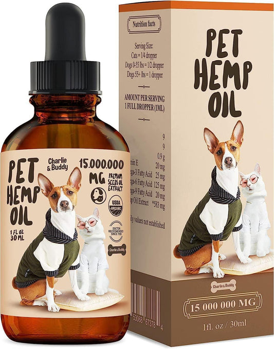 Charlie & Buddy Hemp Oil for Dogs and Cats. Hip and Joint Support and Skin Health Anxiety Calm. Omega 3, 6, 9, and Vitamins B, C, and E For Pet With Love
