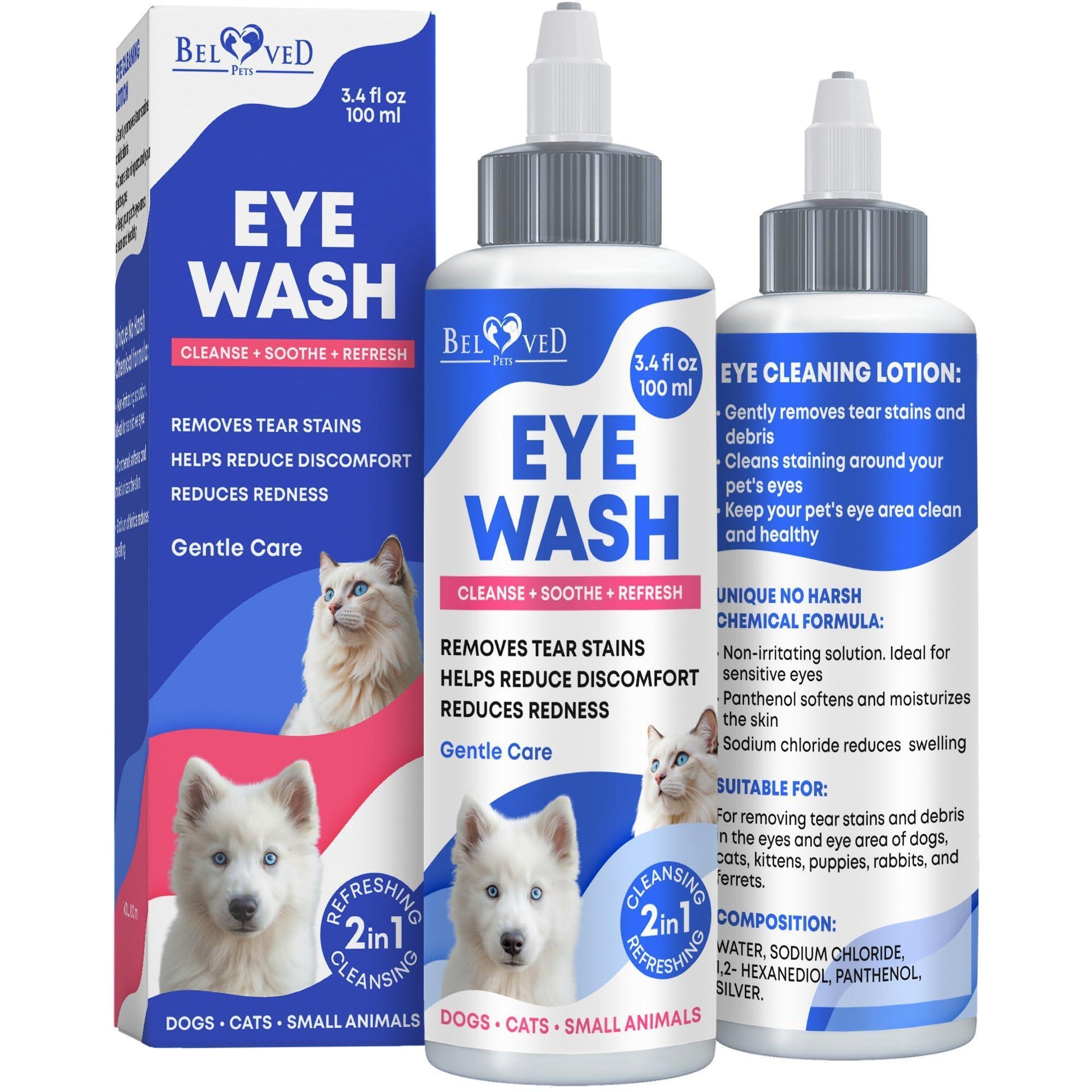 Beloved Pets Cat & Dog Eye Wash Drops & Tear Stain Remover 3.4 Oz For Pet With Love
