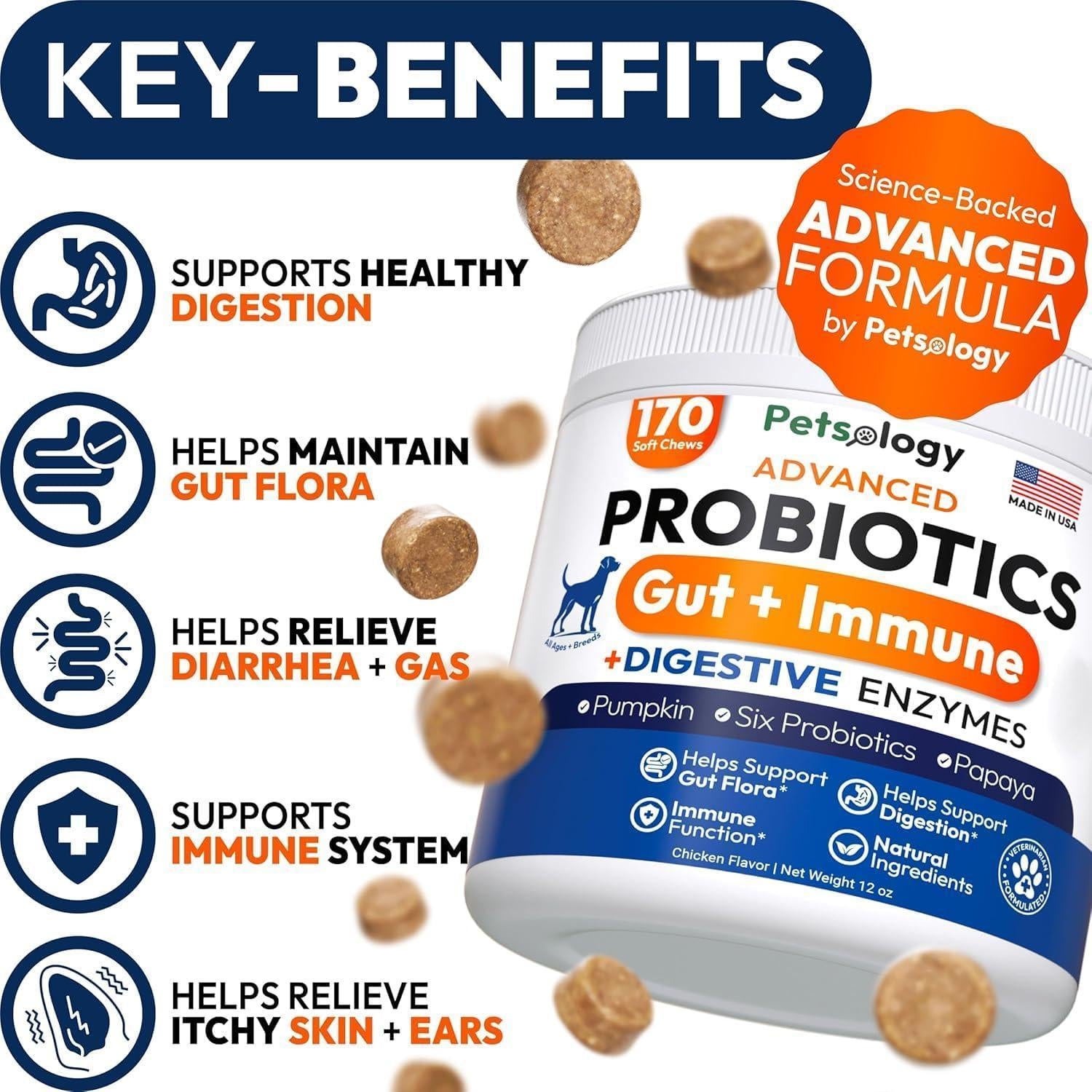 PETSOLOGY Probiotics, Digestive Enzymes & Prebiotics for Dogs. Advanced Supplement helps Itchy Skin and Allergies. Supports Gut Health. Diarrhea, Gas & Constipation Relief (2 Pack) 340 Chews For Pet With Love