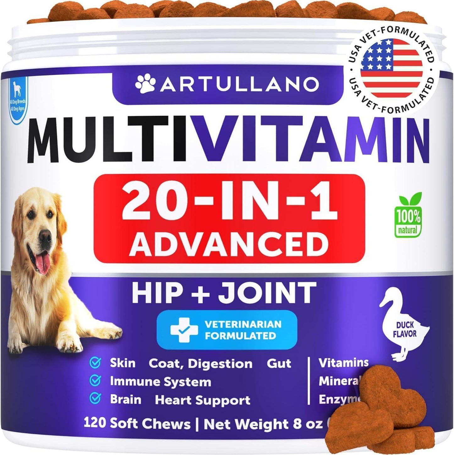 Artullano Dog Chewable 20in1 Multivitamin Supplement with Glucosamine 120 Chews For Pet With Love